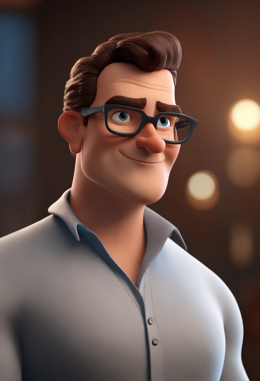 Cartoon character of a man with black glasses and a blue shirt, animation character, Caractere estilizado, animation style rendering, 3D estilizado, Arnold Maya render, 3 d render stylized, toon render keyshot, Personagem 3D, Personagem 3D, 3d rendering stylized, 3 d character render, personagem de desenho animado, Personagem de close up, Pose de personagem,  (Estilo Pixar) (master part:1.2) (Bokeh) (best quality) (pele detalhada) (textura detalhada) (8k) (argila) (Cinematic lighting) (foco nítido