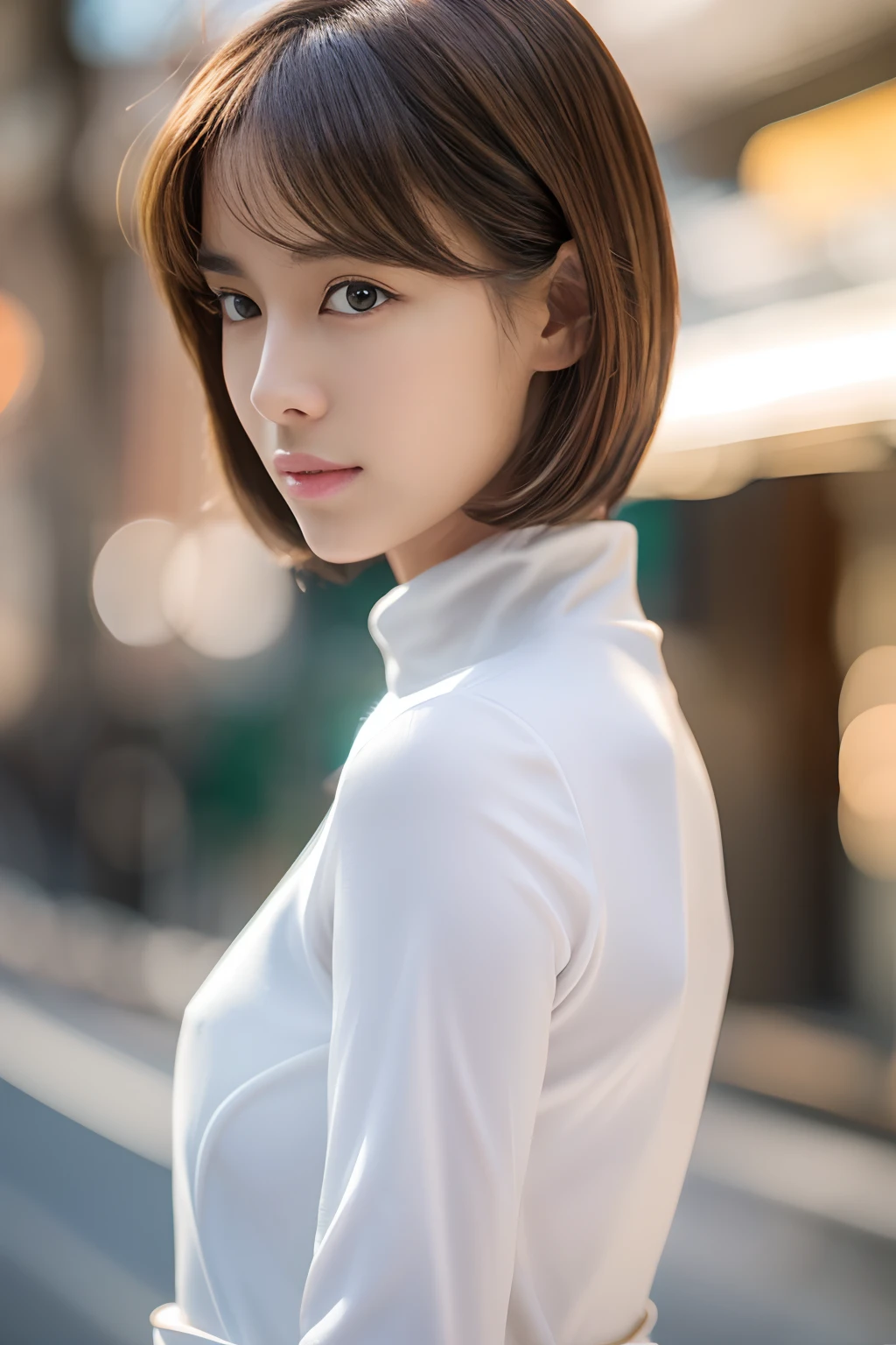 ((top-quality、in 8K、​masterpiece:1.3))、foco nítido:1.2、Beautiful woman perfect body:1.4、Slim abs:1.2、((Bob Heyer、straight haired:1.2))、(White turtleneck、Rider's jacket、denim:1.1)、(Sateen、a street:1.2)、wetbody:1.5、Three-dimensional texture、A detailed eye、Brown hair、Very shiny hair、posterior view、Hair quality improvement、Korean style hair