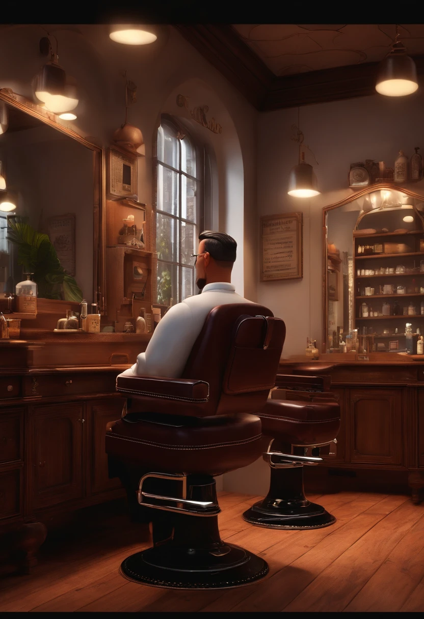 Desenho em estilo 3D da Pixar de uma barbearia com o predio preto de tijolos e de vidro com as letras brancas e visiveis escrito "CONFRA HOUSE" Detailed and crisp with barbers working in dress shirts