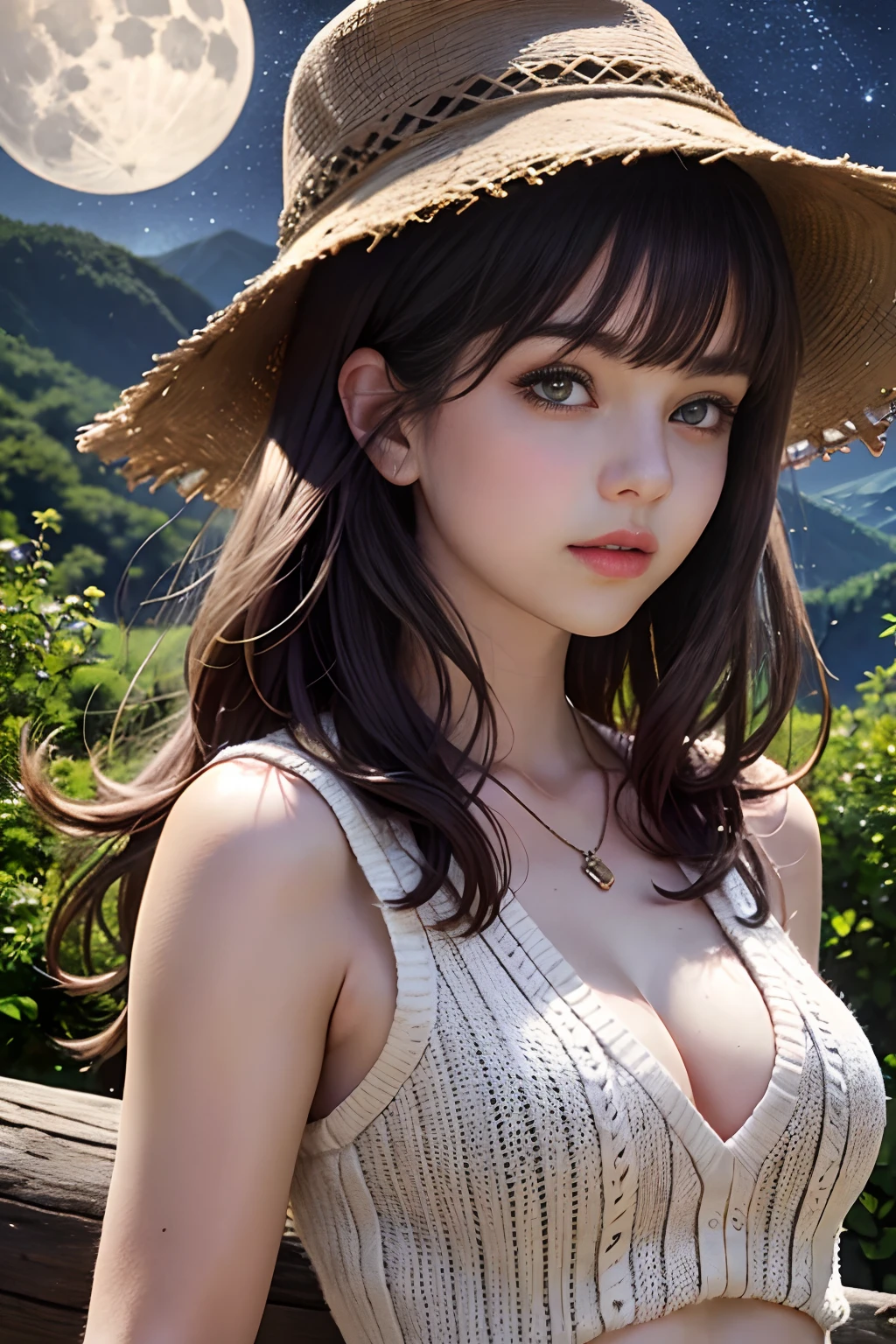 1girl, Selena Gomez, masterpiece, best quality, ultra-detailed, solo, outdoors, (night), mountains, nature, (stars, moon) cheerful, happy, mountain boots, gloves, mini sweater top, bare belly, hat, flashlight, forest, rocks, river, wood, smoke, shadows, contrast, clear sky, analog style, (look at viewer:1.2), (skin texture), close up, cinematic light, sidelighting, ultra high res, best shadow, RAW, upper body, wearing pullover top