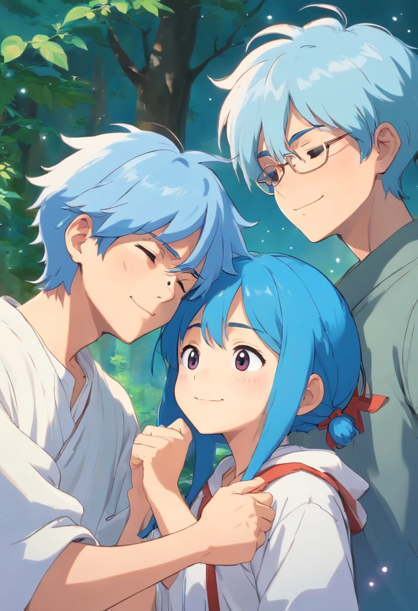 a boy with closed eyes smiling softly and calmly forward, He has blue hair and a beautiful face of a 23 year old boy. his clothes are Y2k style and he has a star earring, he has the art style of Gege Akutami and Ken Wakui at the same time But he doesn't look like a child, he's a kind young adult tlgd