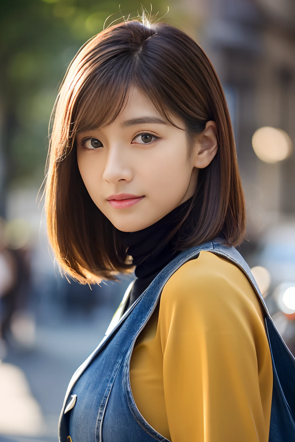 ((top-quality、in 8K、masterpiece:1.3))、foco nítido:1.2、Beautiful woman perfect body:1.4、Slim abs:1.2、((Bob Heyer、straight haired:1.2))、(turtle neck、Riders Jacket、denim:1.1)、(Sateen、a street:1.2)、wetbody:1.5、Three-dimensional texture、A detailed eye、Brown hair、Very shiny hair、posterior view、Hair quality improvement、Korean style hair