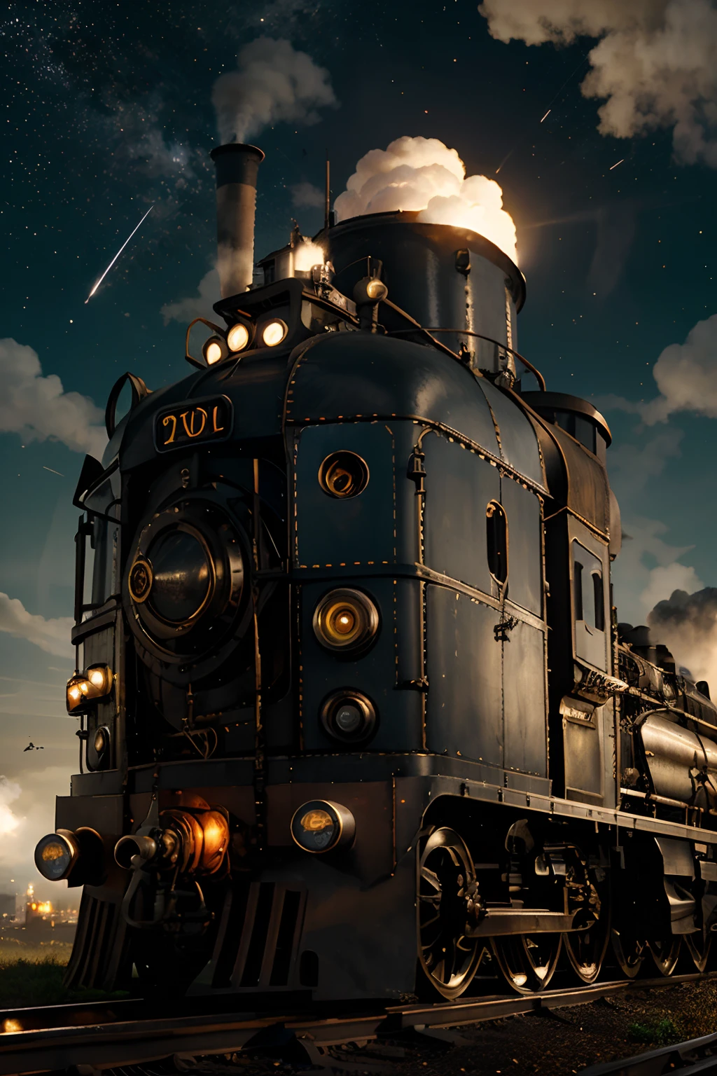 Steam engine in steam punk style in a futuristic city with white clouds and sky full of stars and constellations