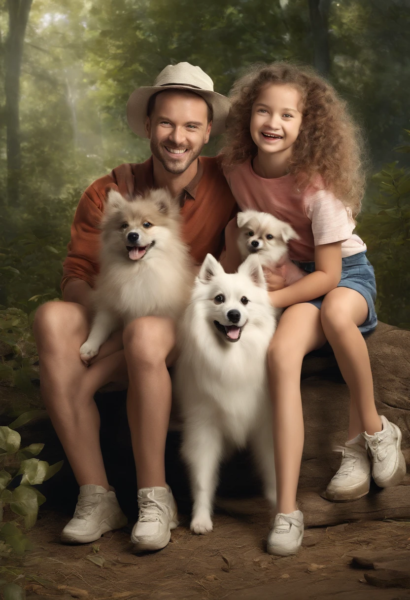 A family of happy humans with German spitz puppies playing