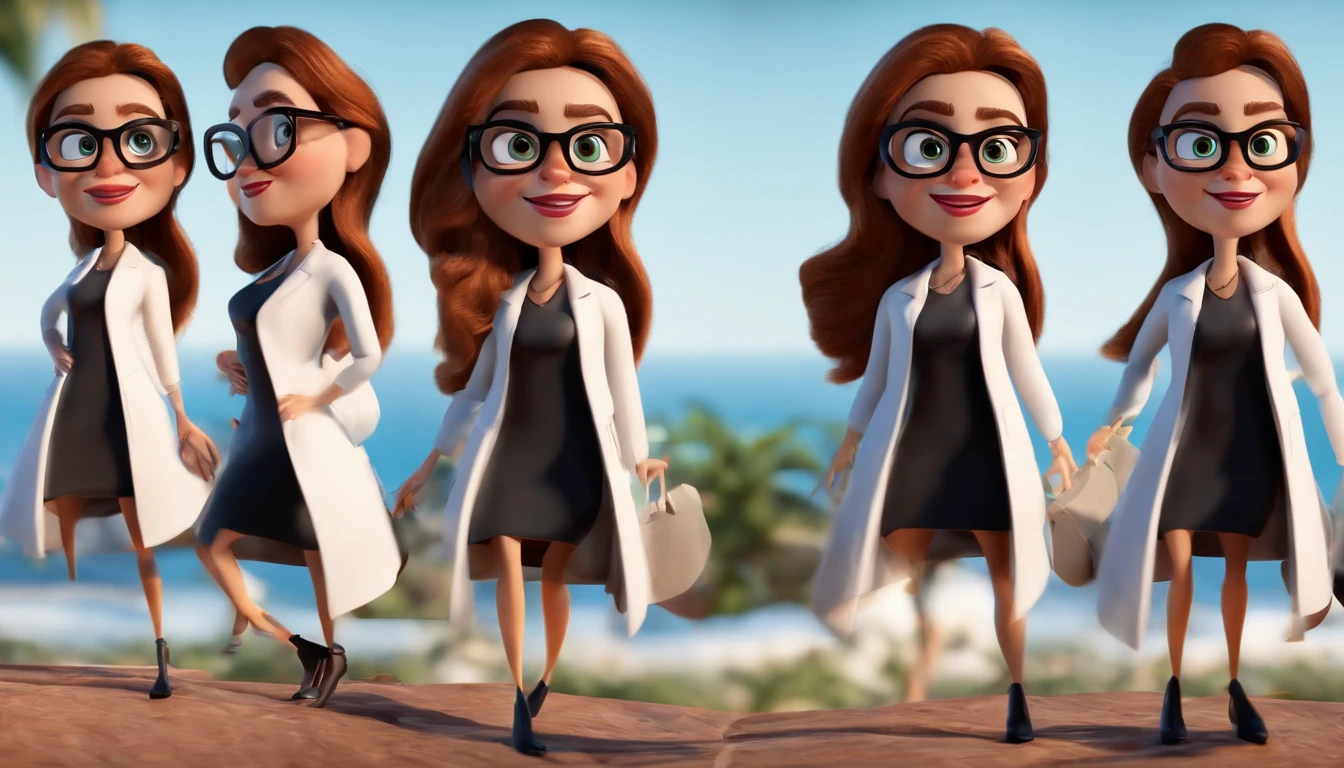 Cartoon character of a woman wearing black glasses and a white lab coat, cabelo cacheado loiro, pele branca, olho marrom claro, um personagem animado, Caractere estilizado, animation style rendering, 3D estilizado, Arnold Maya render, 3 d render stylized, toon render keyshot, Personagem 3D, Personagem 3D, 3d rendering stylized, 3 d character render, personagem de desenho animado, Personagem de close up, Pose de personagem, (Estilo Pixar) (master part:1.2) (Bokeh) (best quality) (pele detalhada) (textura detalhada) (8k) (argila) (Cinematic lighting) (foco nítido,Senta e vaza a parte superior do corpo