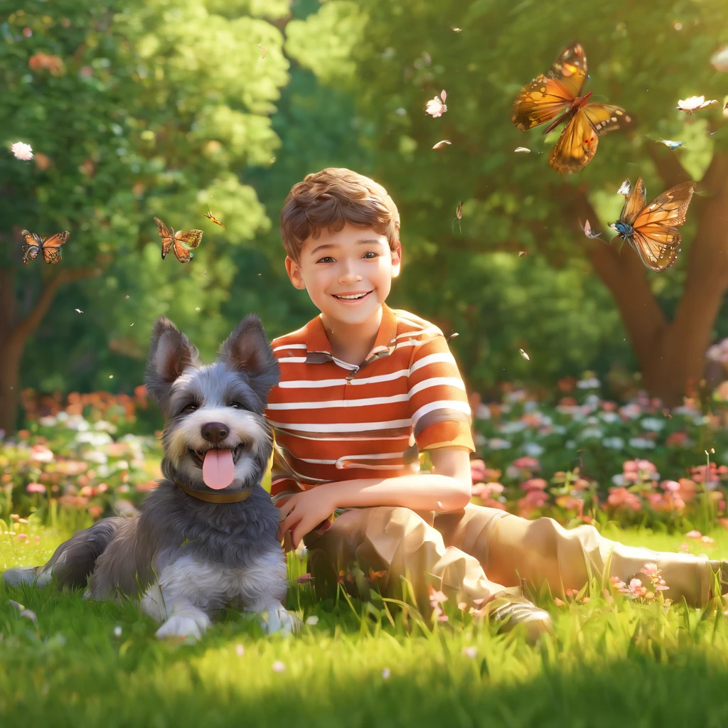 (best quality,highres,ultra-detailed,realistic:1.2),a smiling 5-year-old human boy,Lucas,with his faithful friend,Bolt,the schnauzer dog,lying in the garden,illustration,realistic eyes and face,vivid colors,grass,trees,sunlight filtering through the leaves,strong bond between boy and dog,tranquil atmosphere,peaceful moment,soft shadows,bright and colorful scene,pure joy and happiness,confident and relaxed expression,fine details in their features,grass blades swaying in the breeze,dog's wagging tail,beautiful flowers blooming,colorful butterflies fluttering around,birds chirping in the background,natural setting with clear blue skies,gentle summer breeze.