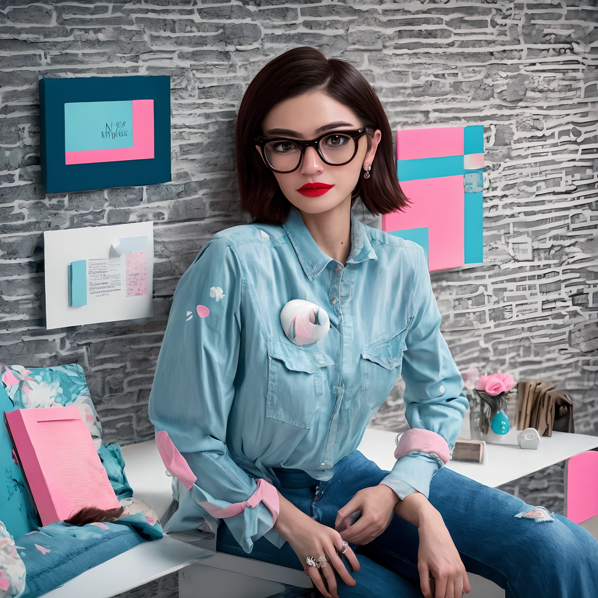 Imagem 3d estilo pixar, mulher, baixinha, pele clara, cabelos levemente ruivos e longos, wearing square glasses, fine lips, segurando tesoura, vestindo blusa branca escrito We love, jeans and white sneakers, sentada em cadeira preta de pernas cruzadas sorrindo, no fundo imagem de home office colorido nas cores rosa, cinza claro, rosa pink, azul turquesa, com impressora rosa, muitas tesouras, papers, cadernos, Rules, na parede um painel com prateleiras e materiais de atelier