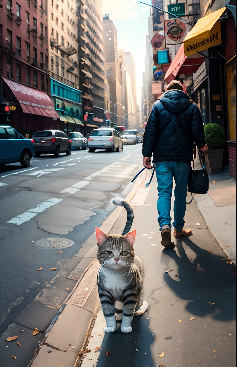 A grey fluffy pixar cat who loved walking down a New York street