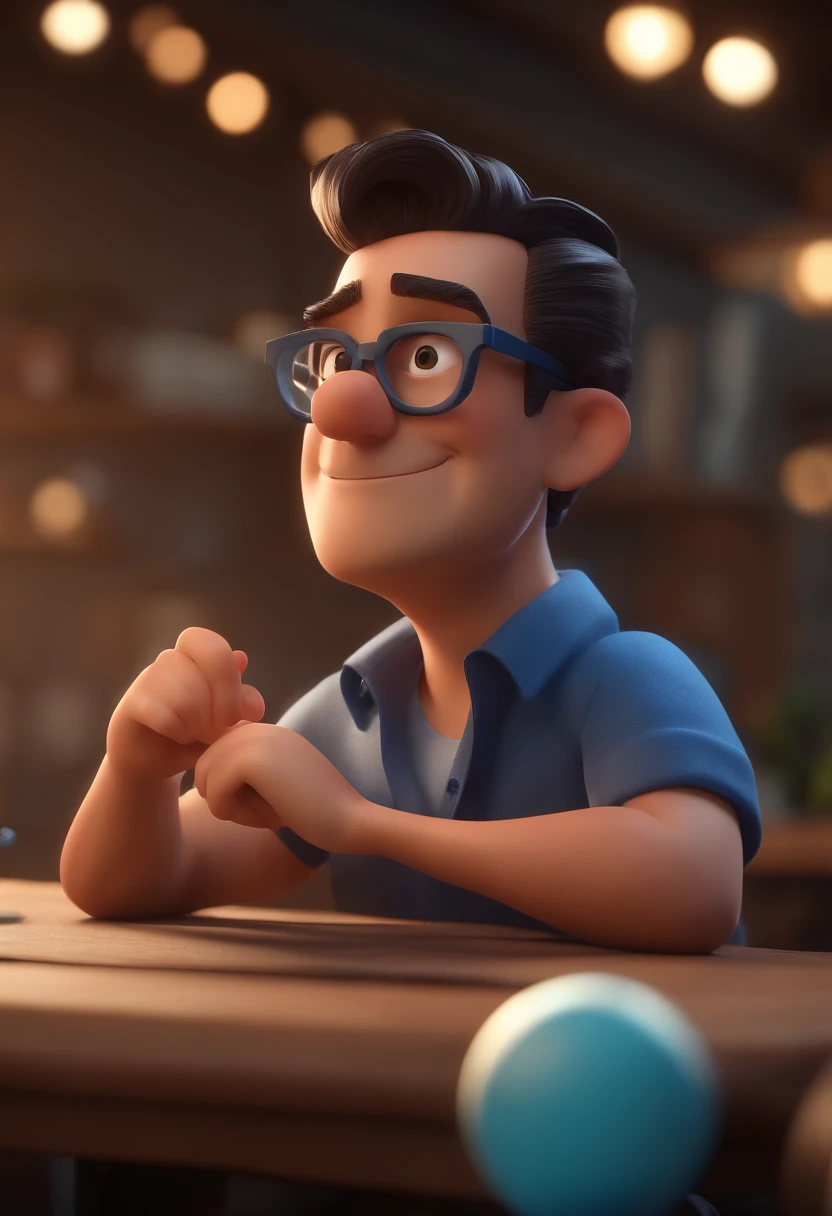 Cartoon character of a man with black glasses and a blue shirt, animation character, Caractere estilizado, animation style rendering, 3D estilizado, Arnold Maya render, 3 d render stylized, toon render keyshot, Personagem 3D, Personagem 3D, 3d rendering stylized, 3 d character render, personagem de desenho animado, Personagem de close up, Pose de personagem,  (Estilo Pixar) (master part:1.2) (Bokeh) (best quality) (pele detalhada) (textura detalhada) (8k) (argila) (Cinematic lighting) (foco nítido