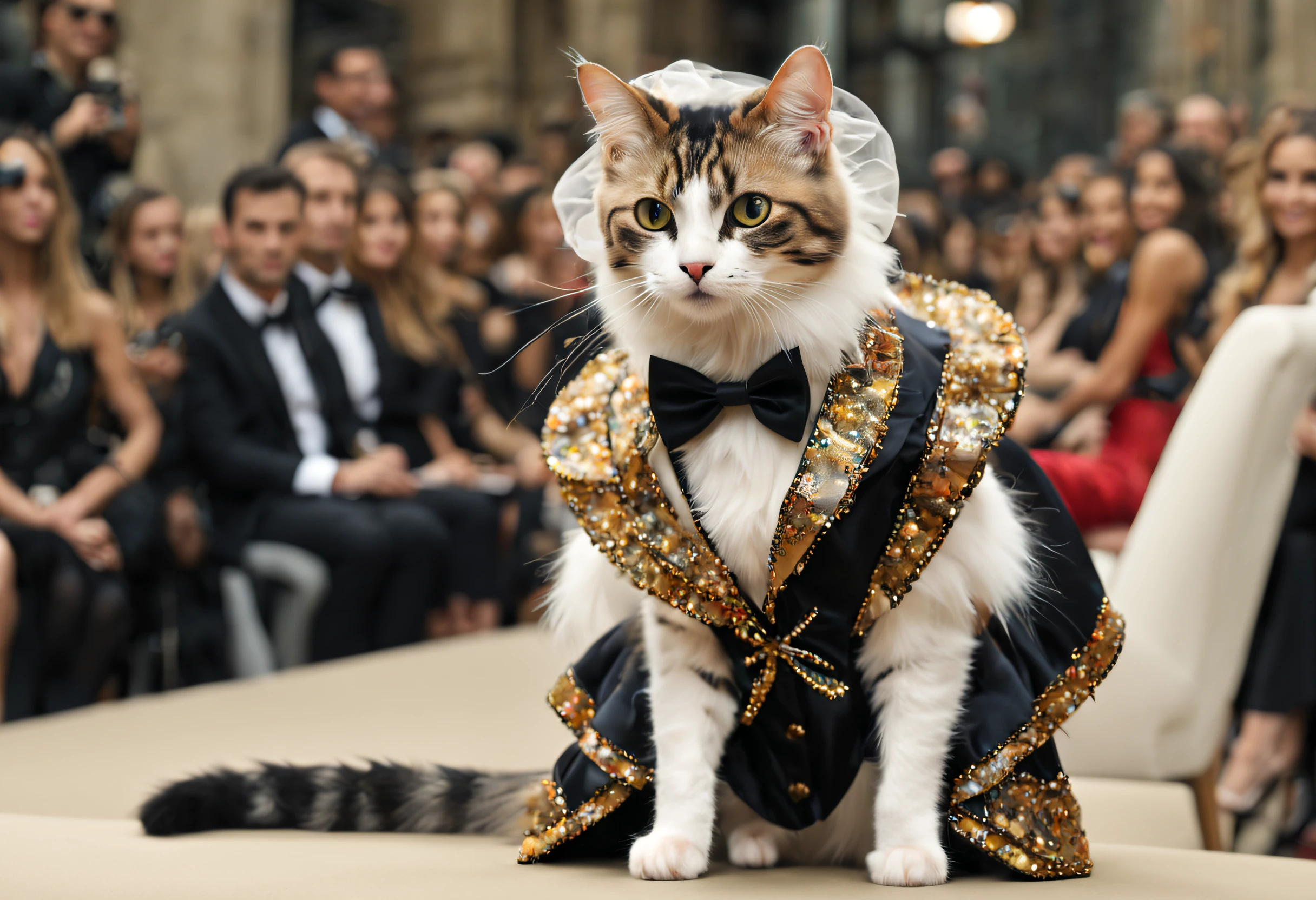 A cat fashion show (best quality, 4k, 8k, high resolution, masterpiece: 1.2), ultra detailed (realistic, photorealistic, photorealistic: 1.37), glamorous and costumed dogs, vibrant colors, catwalk, couture costumes accessories stylish, catwalk, celebrity judges, posh and stylish breeds, fashion lovers, cat divas, fierce competition, fabulous outfits, sparkly collars and leashes, strutting cat models, extravagant headdresses, stylish bow ties, stylish tutus, designer dresses , elegant tuxedos, haute couture, pet fashion lovers, supportive audience, enthusiastic applause, avant-garde cats, elegant pedicures, professional photographers, camera flashes, the latest trends, influential dogs, red carpet glamour, canine elegance, changes of stunning image.
