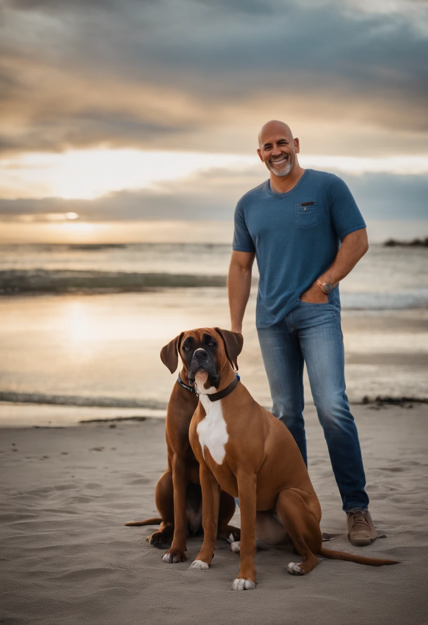 Pixar. Couple with adult brown boxer breed dog with white and black muzzle. A menina tem os cabelos loiros, Camiseta cinza e jeans claro. The boy is bald, barba pequena, Brown eyes Dark blue jeans and gray t-shirt. They are both smiling and are 40 years old