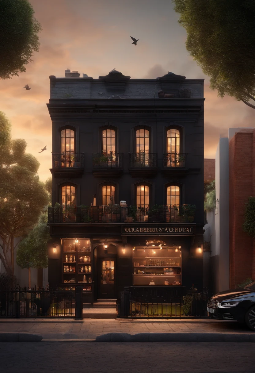 Desenho em estilo 3D da Pixar de uma barbearia com o predio preto de tijolos e de vidro com as letras brancas e visiveis escrito "CONFRA HOUSE" Clearly visible outdoor area