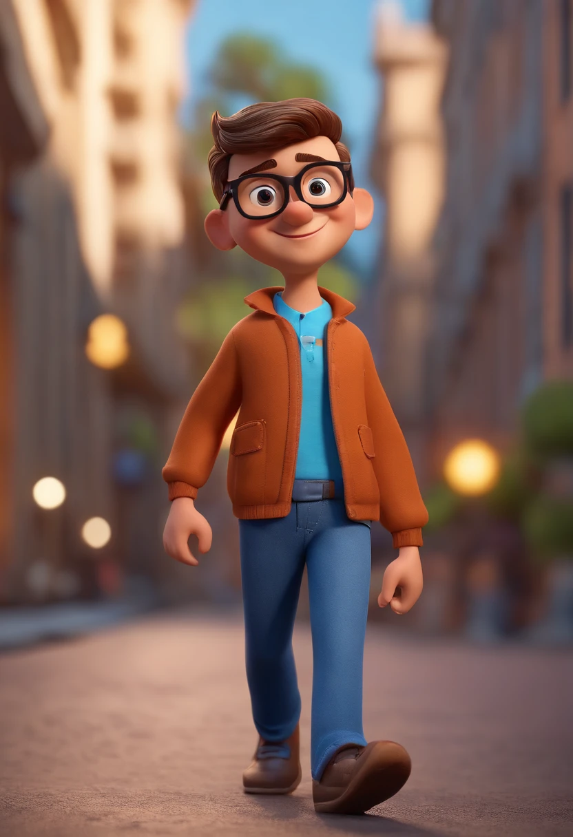 Cartoon character of a man wearing black glasses and a blue shirt, um personagem animado, Caractere estilizado, animation style rendering, 3D estilizado, Arnold Maya render, 3 d render stylized, toon render keyshot, Personagem 3D, Personagem 3D, 3d rendering stylized, 3 d character render, personagem de desenho animado, Personagem de close up, Pose de personagem, (Estilo Pixar) (master part:1.2) (Bokeh) (best quality) (pele detalhada) (textura detalhada) (8k) (argila) (Cinematic lighting) (foco nítido，Senta e vaza a parte superior do corpo