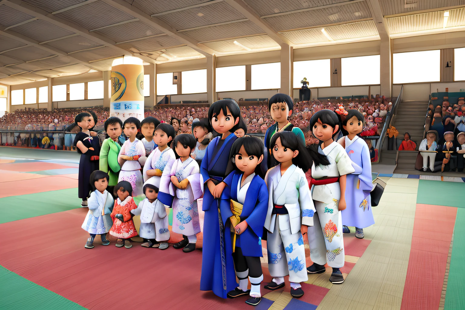 A group of children and young people taking a photo, de kimono branco, torneio de luta