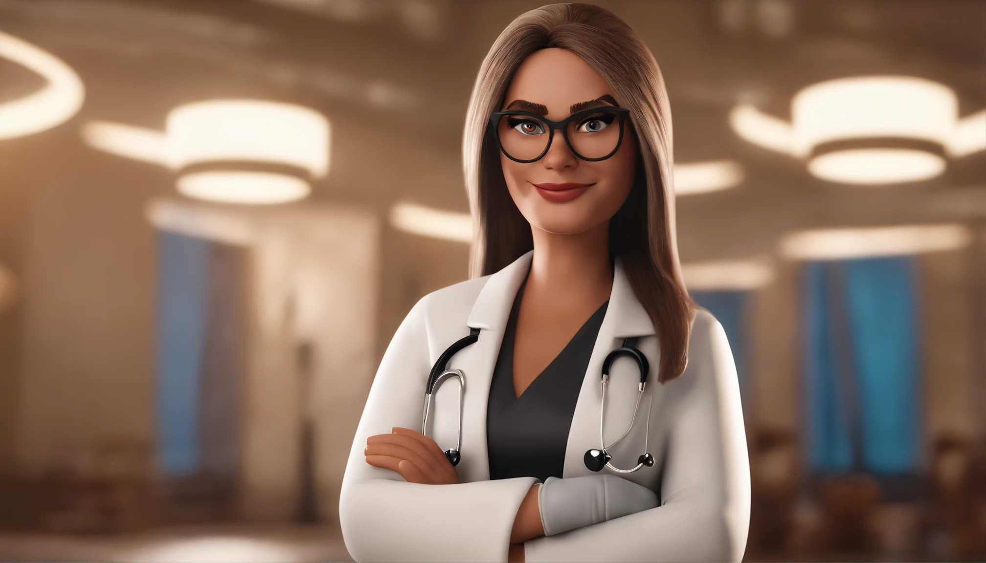 Cartoon character of a woman wearing black glasses and a white lab coat, cabelo cacheado loiro, pele branca, olho marrom claro, um personagem animado, Caractere estilizado, animation style rendering, 3D estilizado, Arnold Maya render, 3 d render stylized, toon render keyshot, Personagem 3D, Personagem 3D, 3d rendering stylized, 3 d character render, personagem de desenho animado, Personagem de close up, Pose de personagem, (Estilo Pixar) (master part:1.2) (Bokeh) (best quality) (pele detalhada) (textura detalhada) (8k) (argila) (Cinematic lighting) (foco nítido,Senta e vaza a parte superior do corpo
