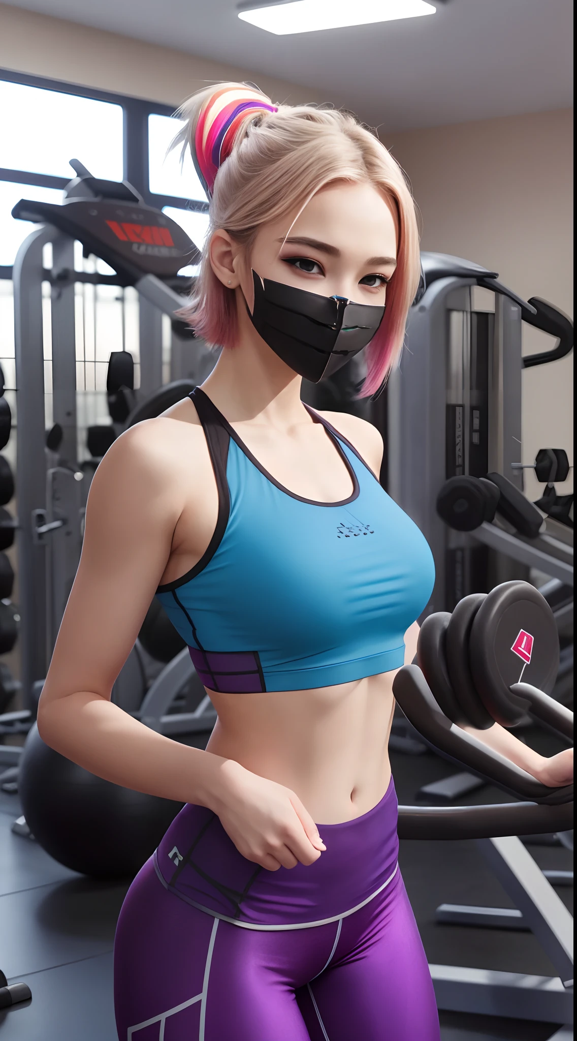 ((huge chest)), ((,)), ((Head too small)), daylight, sunlight, bright light, (Perfect Body: 1.1), (full body), (Long straight hair: 1.2 , Blonde hair, Pink and blue mesh hair, Fine mesh), full body shot, ((Tight workout wear), (sweating), (very detailed CG 8k wallpaper), (extremely delicate and beautiful), (masutepiece) , (best quality:1.0), (超A high resolution:1.0), (realisitic), beautiful lightning ,perfect lightning, realistic shadows, [high resolution], detailed skin, ultra-detailed, slim body), (beautiful hair, straight hair, real hair, Detailed hairs, high ponytail), thin clavicle, beautiful breasts, blush, photorealistic, Realistic face, beautiful face, pretty face, realistic eyes, small eyes, pretty smile, (((colorful)) ), (eyeliner), (mask), (eyeshadow), (at the gym), Looking back, Big hip, (child's face