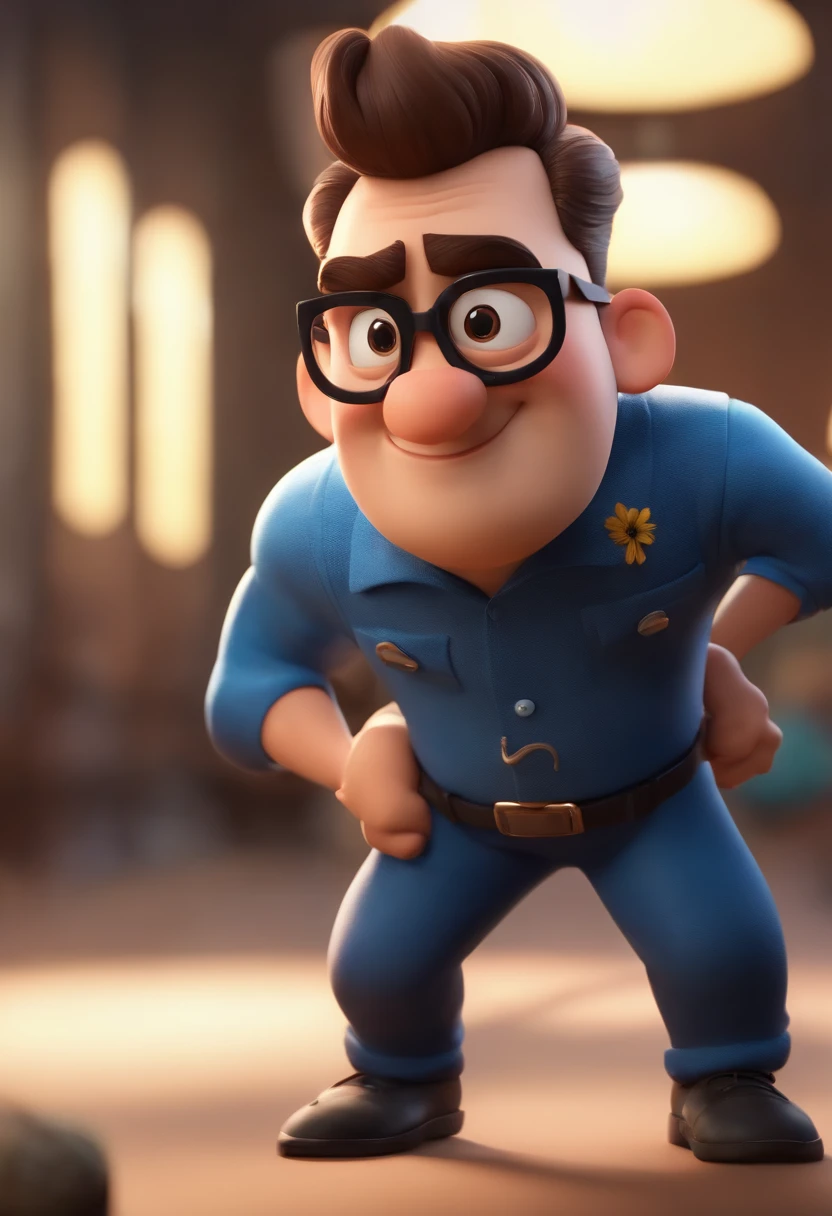 Cartoon character of a man wearing black glasses and a blue shirt, um personagem animado, Caractere estilizado, animation style rendering, 3D estilizado, Arnold Maya render, 3 d render stylized, toon render keyshot, Personagem 3D, Personagem 3D, 3d rendering stylized, 3 d character render, personagem de desenho animado, Personagem de close up, Pose de personagem, (Estilo Pixar) (master part:1.2) (Bokeh) (best quality) (pele detalhada) (textura detalhada) (8k) (argila) (Cinematic lighting) (foco nítido,Senta e vaza a parte superior do corpo