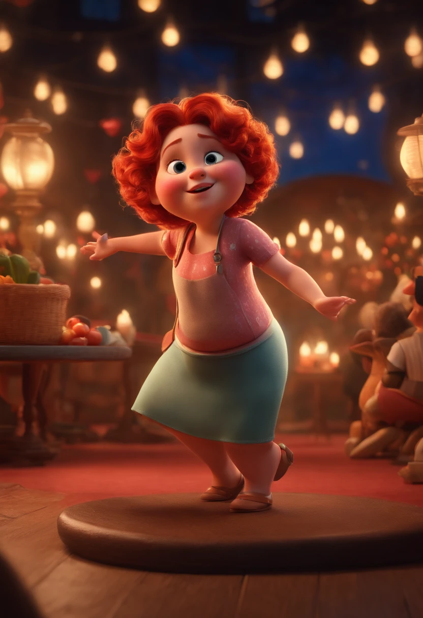 Pixar style image with 3D character red-haired woman short curly hair dancing a little chubby, Maquiagem Disney,Pescador, bonitinho, sorridente ,Close-up, Pixar, Disney, Cinema lighting,