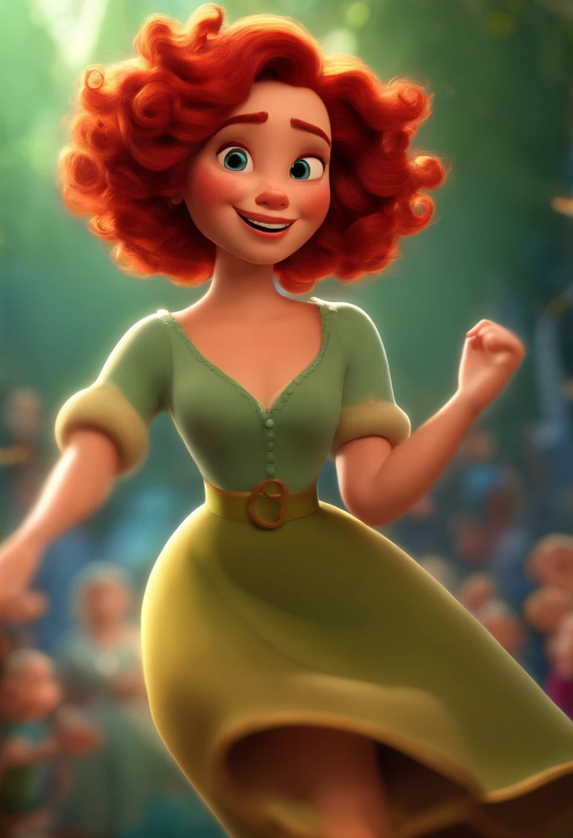 Pixar style image with 3D character red-haired woman short curly hair dancing a little chubby, Maquiagem Disney,Pescador, bonitinho, sorridente ,Close-up, Pixar, Disney, Cinema lighting,
