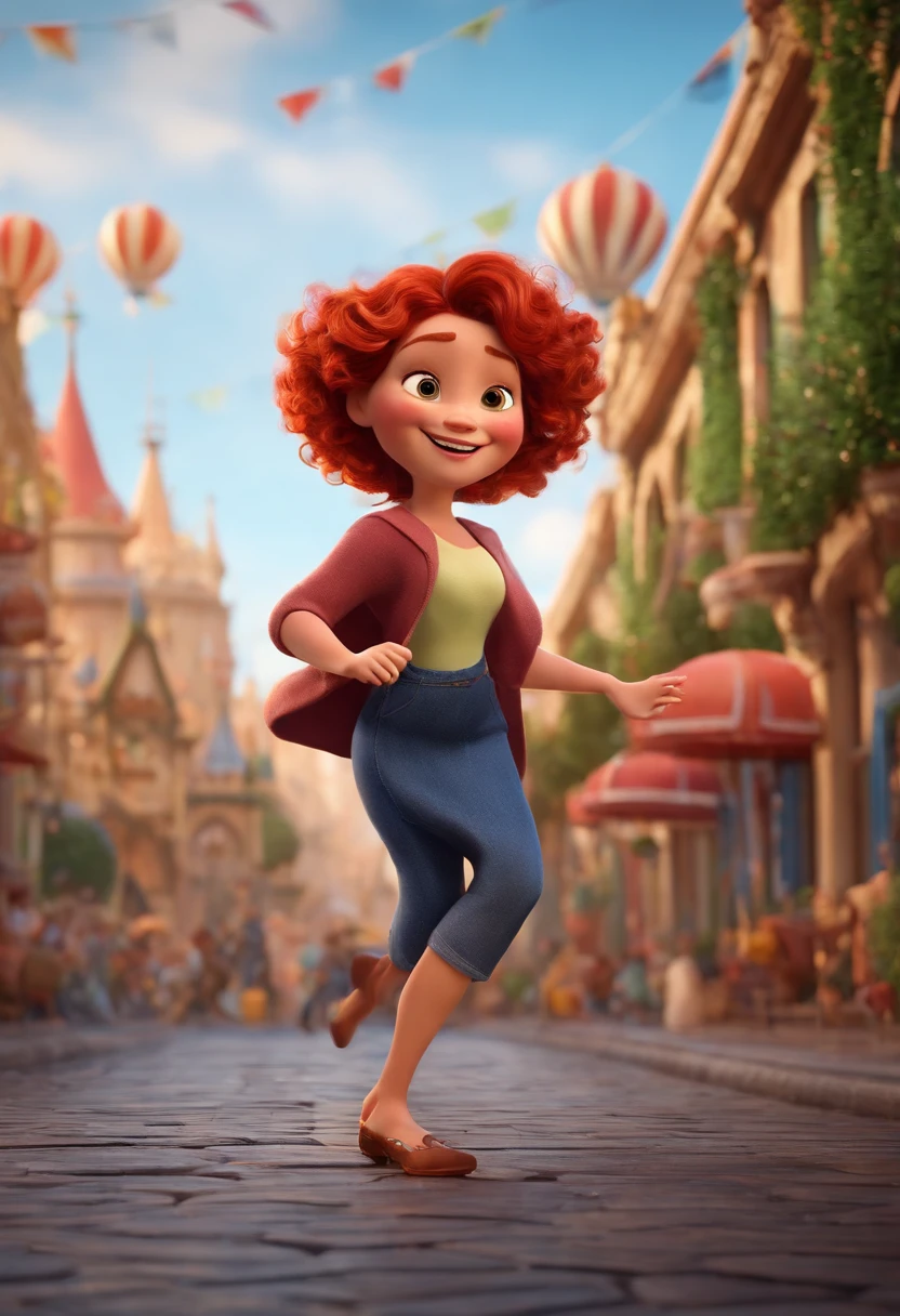 Pixar style image with 3D character red-haired woman short curly hair dancing a little chubby, Maquiagem Disney,Pescador, bonitinho, sorridente ,Close-up, Pixar, Disney, Cinema lighting,