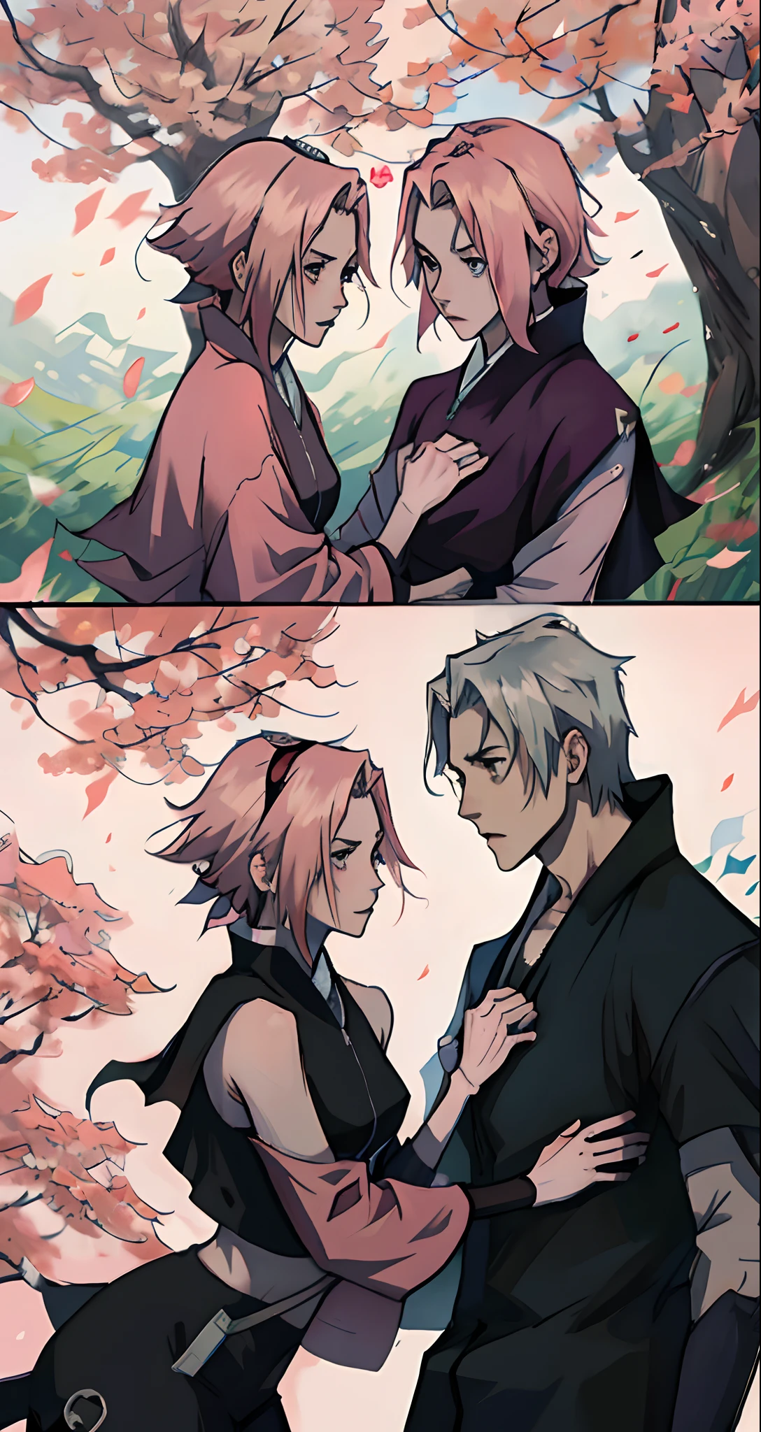 Adult Sasuke Uchiha being protective of  Adult Sakura Haruno because a guy is talking to her