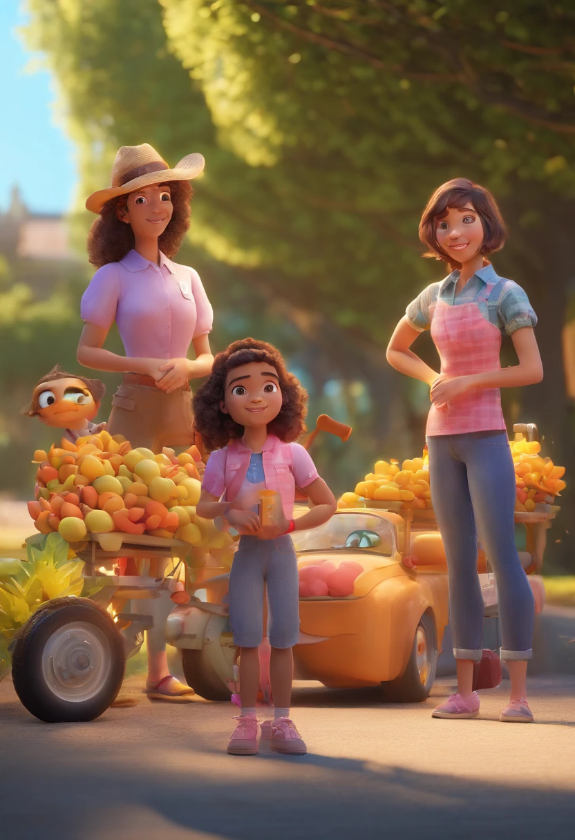 Estilo Pixar: Familia, Um pai and two girls. Uma de 11 anos e outro de 8 anos . Uma fazenda com vacas lindas e marrom .