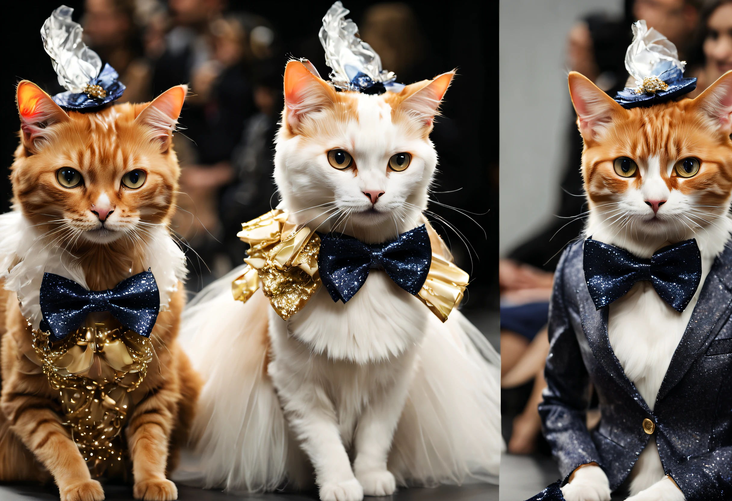 A cat fashion show (best quality, 4k, 8k, high resolution, masterpiece: 1.2), ultra detailed (realistic, photorealistic, photorealistic: 1.37), glamorous and costumed dogs, vibrant colors, catwalk, couture costumes accessories stylish, catwalk, celebrity judges, posh and stylish breeds, fashion lovers, cat divas, fierce competition, fabulous outfits, sparkly collars and leashes, strutting cat models, extravagant headdresses, stylish bow ties, stylish tutus, designer dresses , elegant tuxedos, haute couture, pet fashion lovers, supportive audience, enthusiastic applause, avant-garde cats, elegant pedicures, professional photographers, camera flashes, the latest trends, influential dogs, red carpet glamour, canine elegance, changes of stunning image.