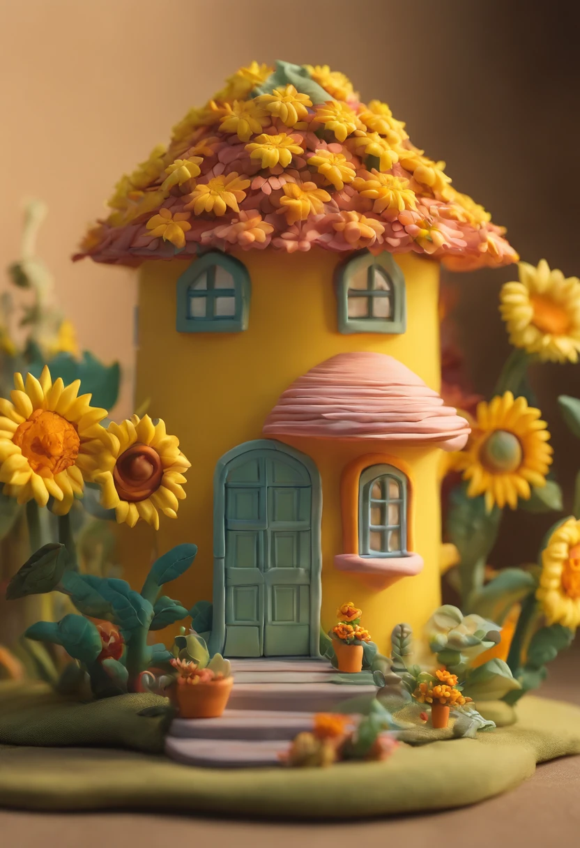 a sunflower house gloria studio, the garden is full of sunflowers, clay material, cartoonish design style, pop mart, soft lighting, smooth lines, tilt-shift lenses, detailed science fiction illustrations, hyper-realistic details, warm color