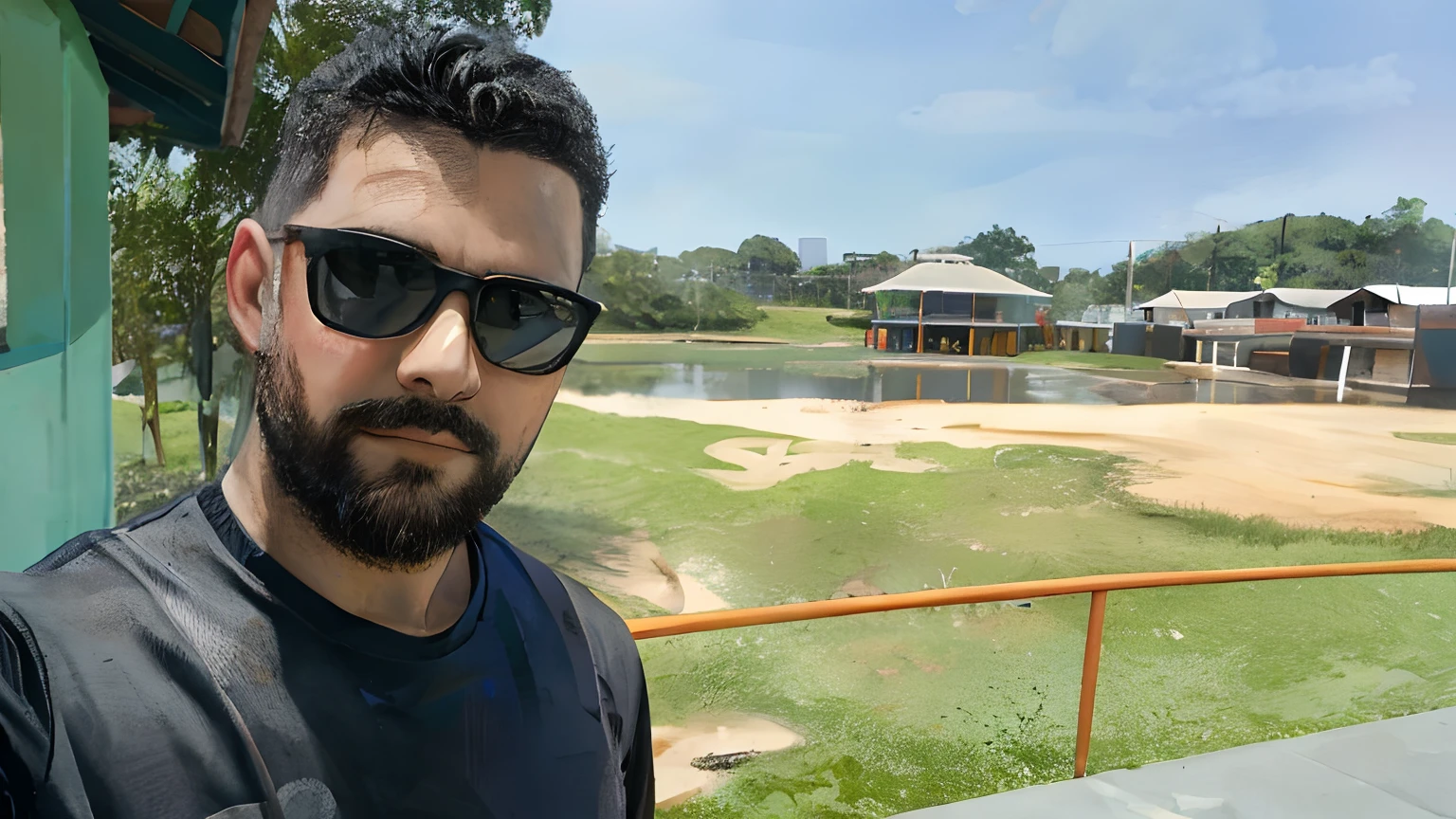 there is a man that is standing outside of a building, com um parque ao fundo, Lago ao fundo, Parque em segundo plano, Selvas ao fundo, rio ao fundo, com um parque nos fundos, em frente a um fundo de floresta, Ruins in the background, River in front of you, em um parque e ao lado de um lago