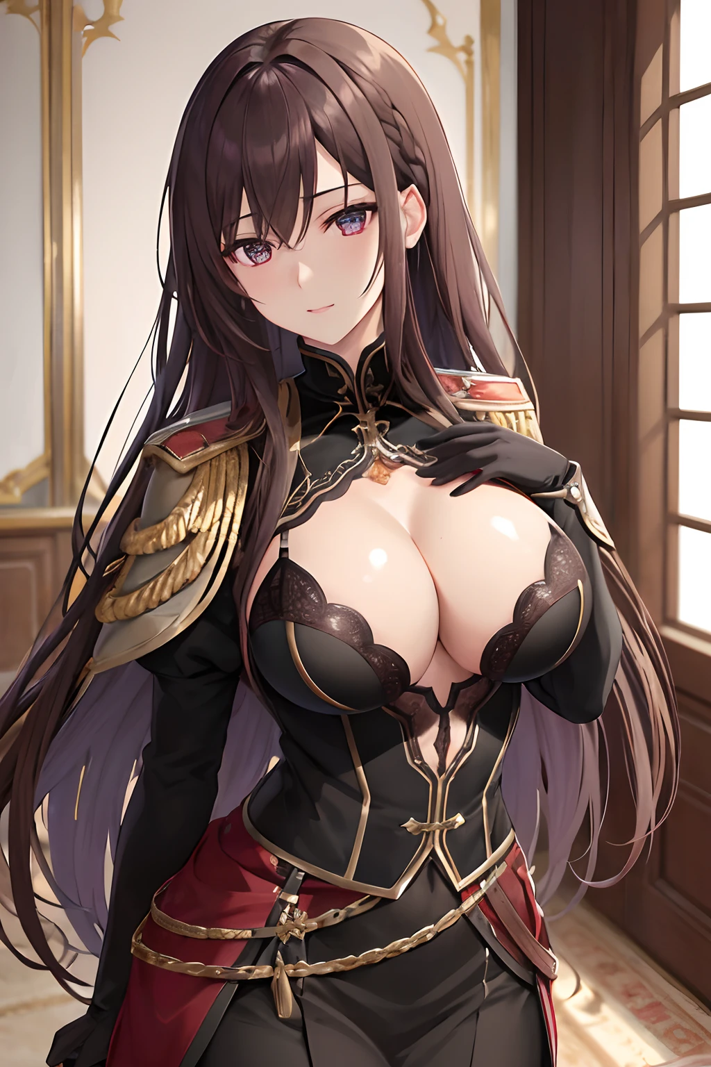 high resolucion, Masterpiece, Best quality, Detailed, perfect lighting, beautiful face very detailed, Detailed Masterpiece, lighting cinematic, adulte, Highly detailed skin, peau parfaite, Intricate details, Female, Regarder le spectateur, Shingeki no Kyojin, 1fille, ceinture, ceinture, yeux violet, cheveux noirs, ceinture marron, veste marron, boucle, chemise, cheveux entre les yeux, veste, manches longues, cheveux long, closed clothing, Veste ouverte, Uniforme militaire Paradis, chemise, clivage