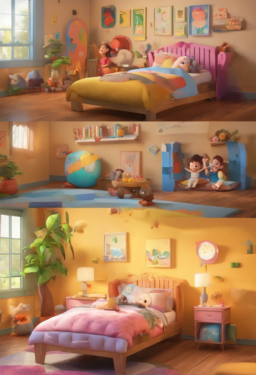 Estilo Pixar: Familia, Um pai and two girls. Uma menino de 11 anos e outro de 8 anos . Uma fazenda com cavalos lindos e marrom .