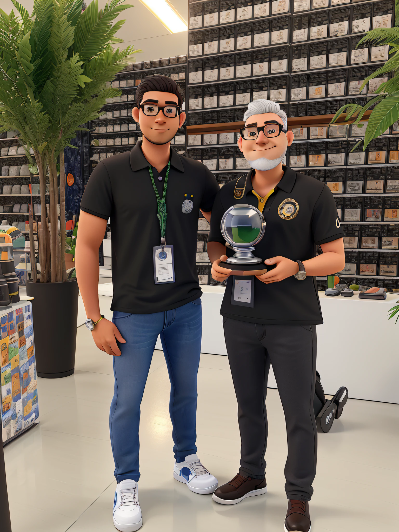 2 personagens 3D disney pixar, personagem 1 de cabelo curto escuro, without glasses, with a badge, black bracelet on right arm, camisa polo preta, Blue jeans and white sneakers, personagem 2 barba grisalha, calvo, cabelo grisalho, of eyeglasses, with badge around the neck, usando uma blusa polo preta, black pants and brown shoes, Holding a black diamond trophy with a factory background with black paint cans and a brown vase with green plants