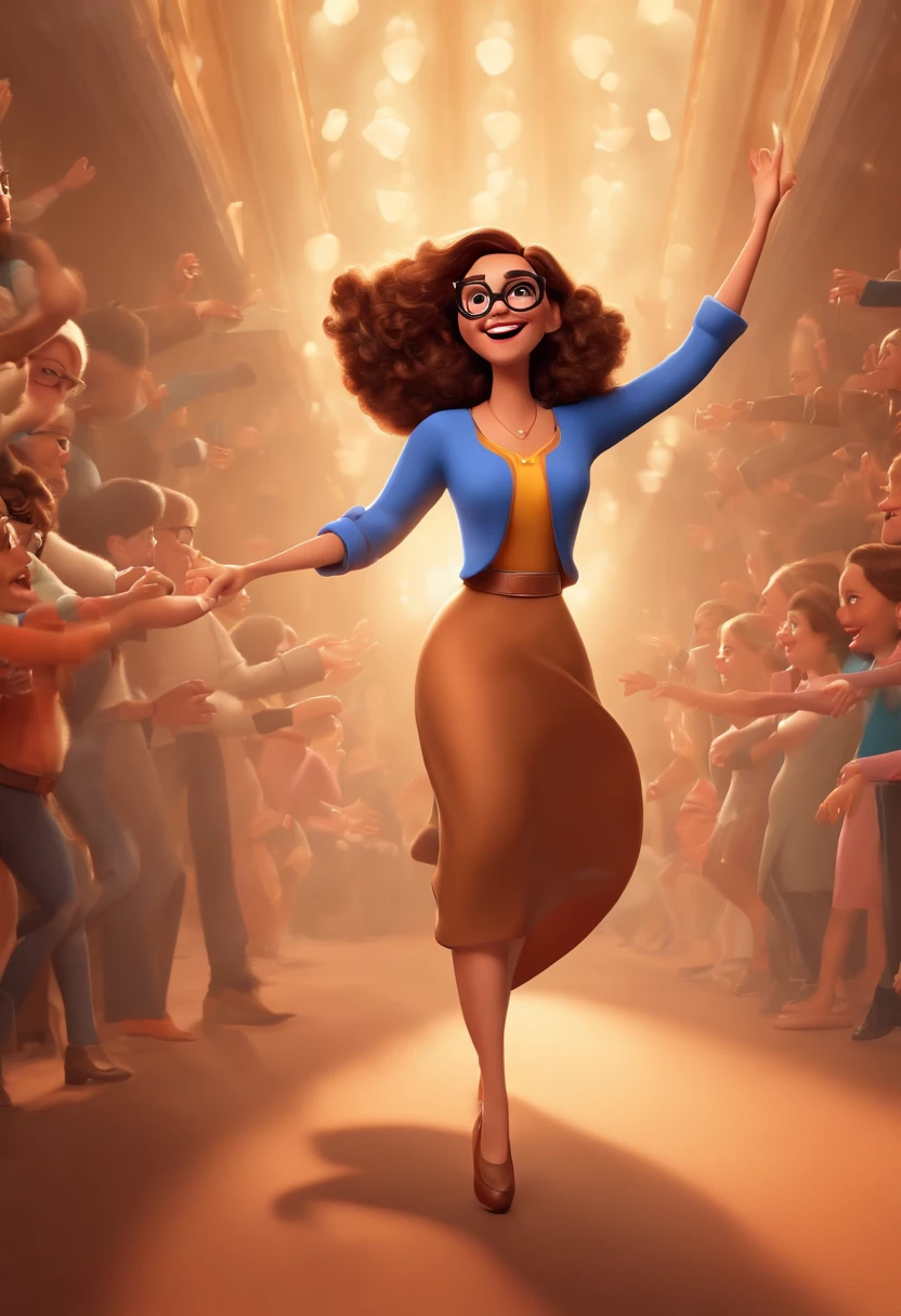 "(best quality,ultra-detalhado,Realistic:1.37),3D rendering,illustration,design de personagens,cabelos curtos,lisos e escuros,belos olhos detalhados,Wearing brown glasses,Estilo Pixar,morena mulher,dancing on the Disney stage with shopping bags in her hands and royal blue blouse, atmosfera animada,vivid colors,luzes de palco,expression joyful"