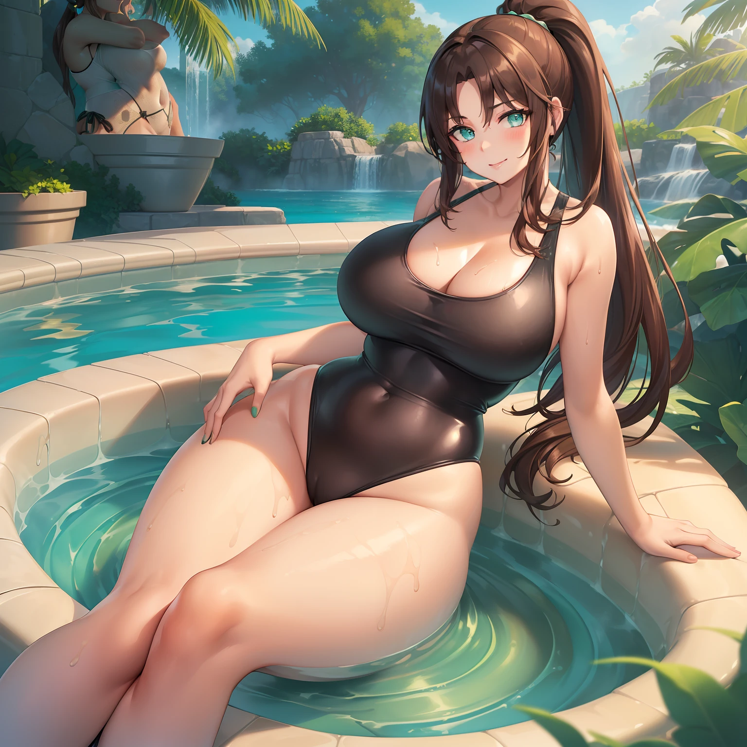 Masterpiece, Best Quality, (((Solo mature woman))), (((Brown hair))), Ponytail, Large chest, huge boobs, (((wide hips))), (((aqua green eyes))), full lips, seductive smile, cleavage, sitting in jacuzzi, back yard, blushing, (((wearing black one piece swimsuit))), [Janet], [Alice], shiny oily skin