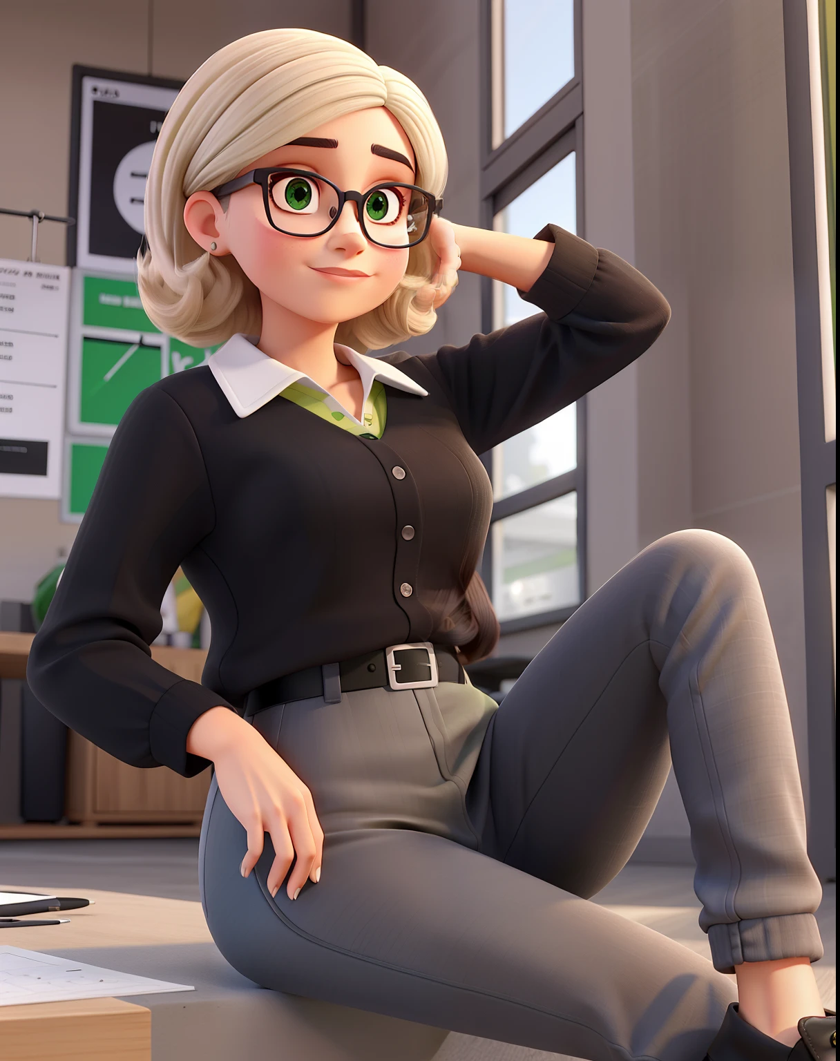 A Woman, jovem, Serious, Chic and wise, com cabelo curto e liso escuro, olhos na cor castanho, olhos esbugalhados e boca pequena, with black dress pants, blusa preta e brazer verde bandeira, of prescription glasses with brown frame with ounce, salto alto preto, in a factory