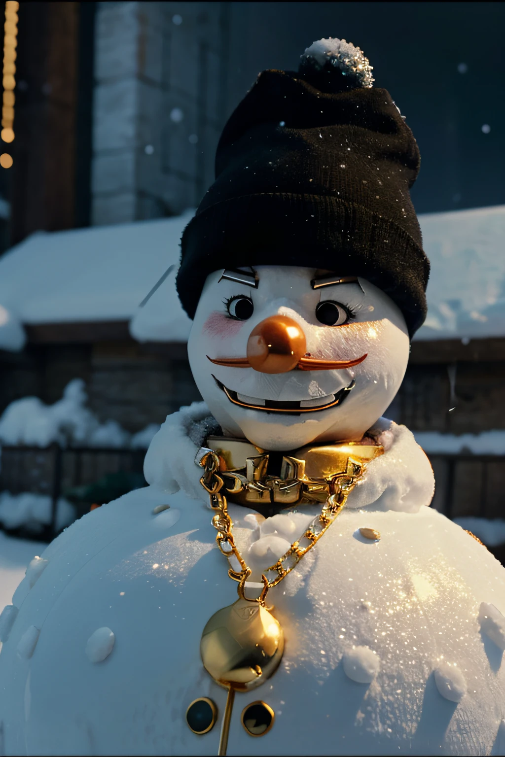 Gangster snowman with a gold chain in a Winter Wonderland in cinematic style in 2k