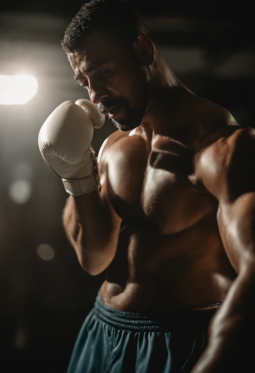 HOMEM CHORANDO ( OLHANDO PARA A CAMERA), LUTADOR DE BOXE CHORANDO NO RINGUEM.