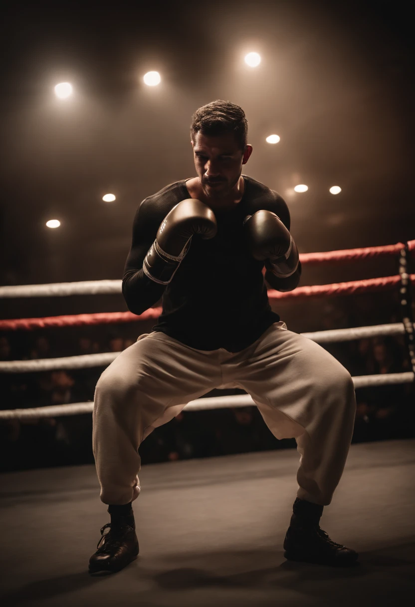 Un boxeur à genoux sur le ring, appuyant ses mains au sol pour se relever avec une détermination palpable. La lumière vient d'en haut, illuminant son corps et créant un halo autour de lui, symbolisant l'espoir et la résilience. Son expression montre à la fois la douleur et la volonté de se remettre debout. Le ring est représenté avec des détails minimalistes, et l'arrière-plan est flou, gardant l'attention sur le mouvement du boxeur. Les couleurs sont légèrement désaturées pour accentuer le sérieux du moment, avec des ombrages doux qui donnent une profondeur et une texture réalistes.
