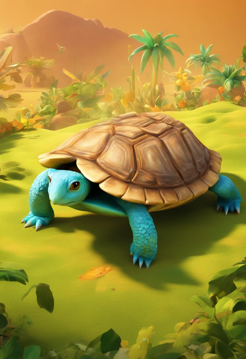 Crie uma arte digital em 3D que recria a famosa fabula da lebre e da tartaruga, with vibrant colors and interesting details to catch the attention of children aged 4 to 7. The artwork should show the physical characteristics of the two characters, Like the speed of the hare and the slowness of the tortoise, as well as capturing the climax of the story, onde a lebre, cansada de correr, se torna presa da tartaruga. A arte deve ser criativa e inovadora, utilizing 3D elements to make the story more realistic and engaging for young readers.