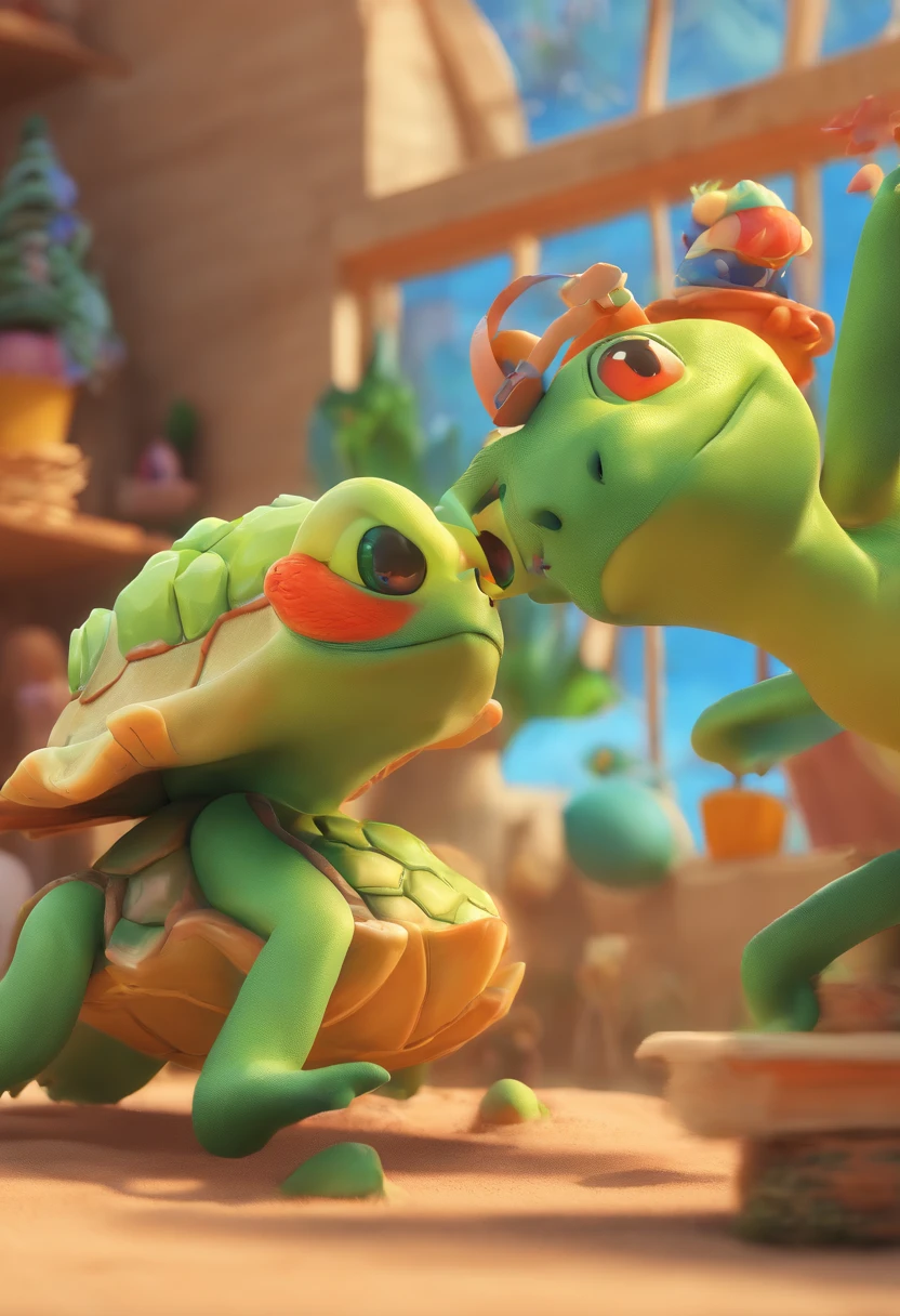 Crie uma arte digital em 3D que recria a famosa fabula da lebre e da tartaruga, with vibrant colors and interesting details to catch the attention of children aged 4 to 7. The artwork should show the physical characteristics of the two characters, Like the speed of the hare and the slowness of the tortoise, as well as capturing the climax of the story, onde a lebre, cansada de correr, se torna presa da tartaruga. A arte deve ser criativa e inovadora, utilizing 3D elements to make the story more realistic and engaging for young readers.
