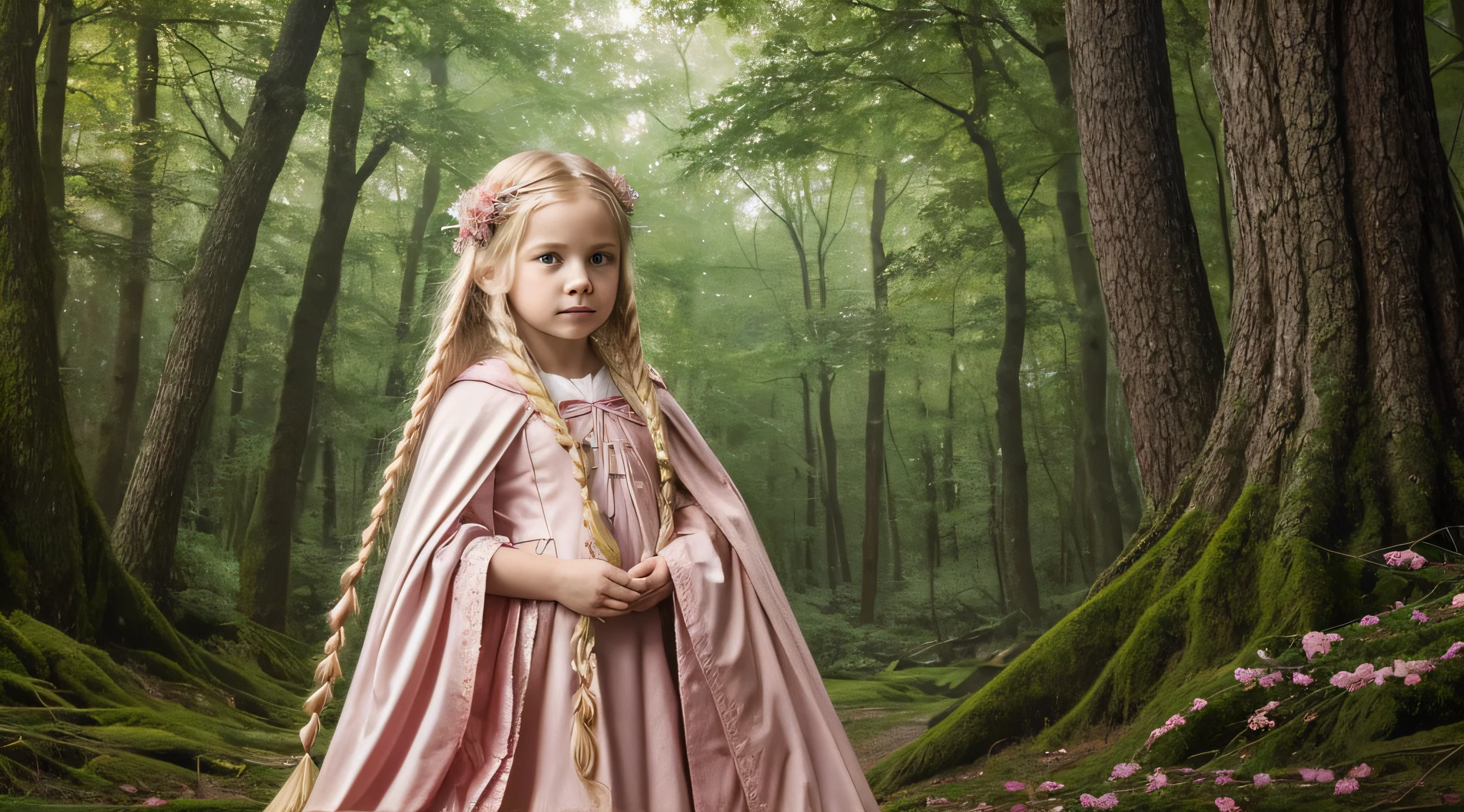 The Blonde Child Long Hair BRAIDS of the PINK Cloak, close up, com o Lobo na Floresta Escura, pintura digital detalhada, uma pintura fotorrealista, fotografia de arte