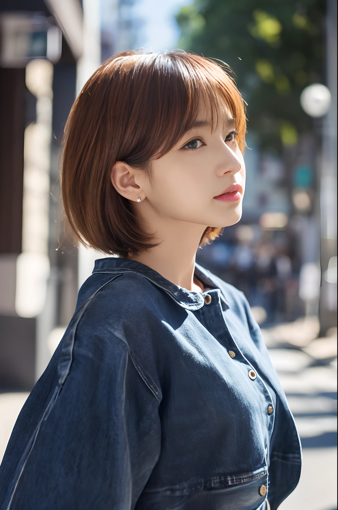 ((top-quality、in 8K、masterpiece:1.3))、foco nítido:1.2、Beautiful woman perfect body:1.4、Slim abs:1.2、((Very short hair:1.2))、(Dark Orange Knitwear、denim:1.1)、(Sateen、a street:1.2)、wetbody:1.5、Three-dimensional texture、A detailed eye、Brown hair、Very shiny hair、posterior view、Hair quality improvement、Handsome short、Short-haired blonde。