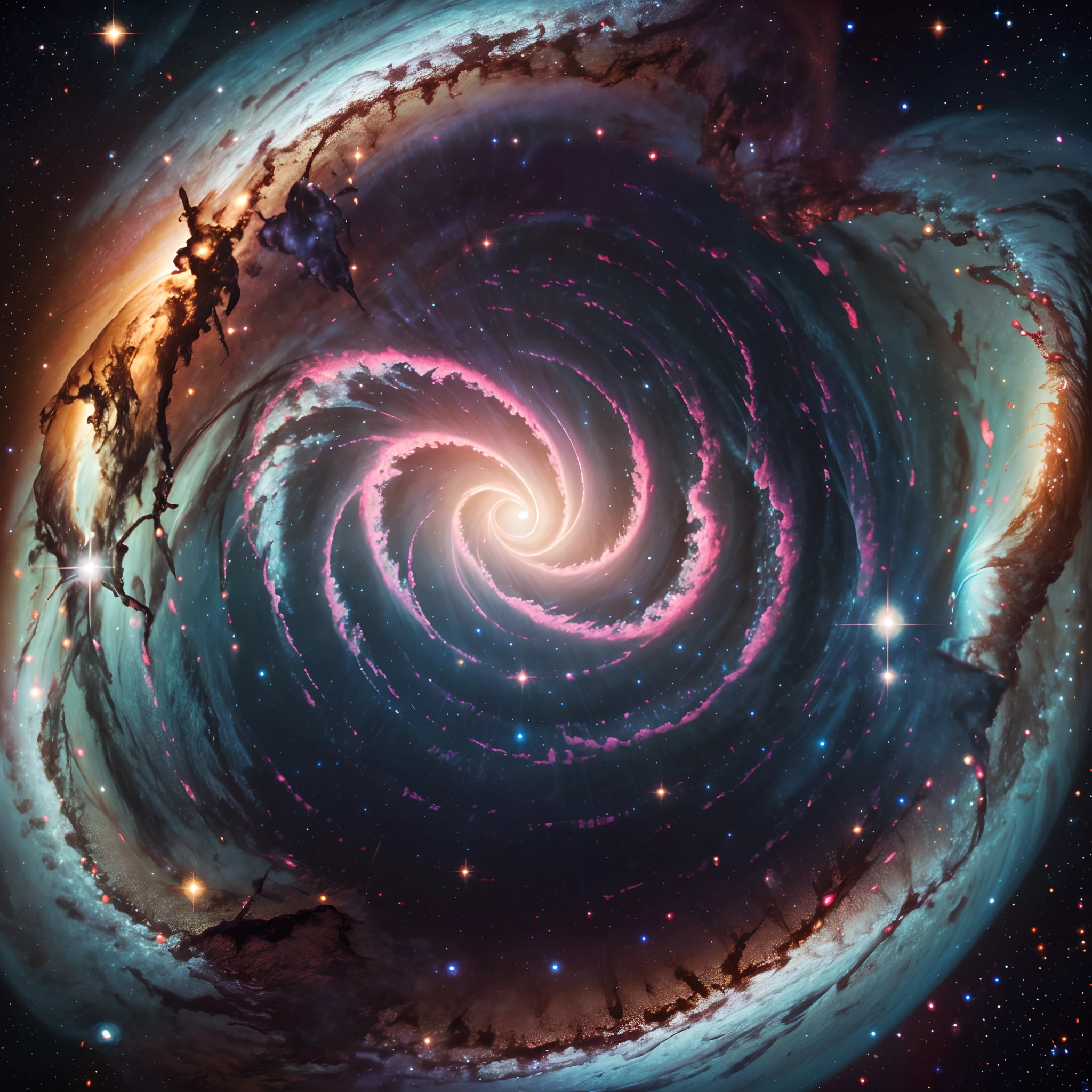 Astrophotography of the universe showcasing a mesmerizing spiral galaxy with vibrant arms stretching across the celestial canvas, dotted with countless shimmering stars, nebulae, and cosmic dust clouds, evoking a sense of awe and wonder, Photography, high-resolution DSLR camera with a wide-angle lens