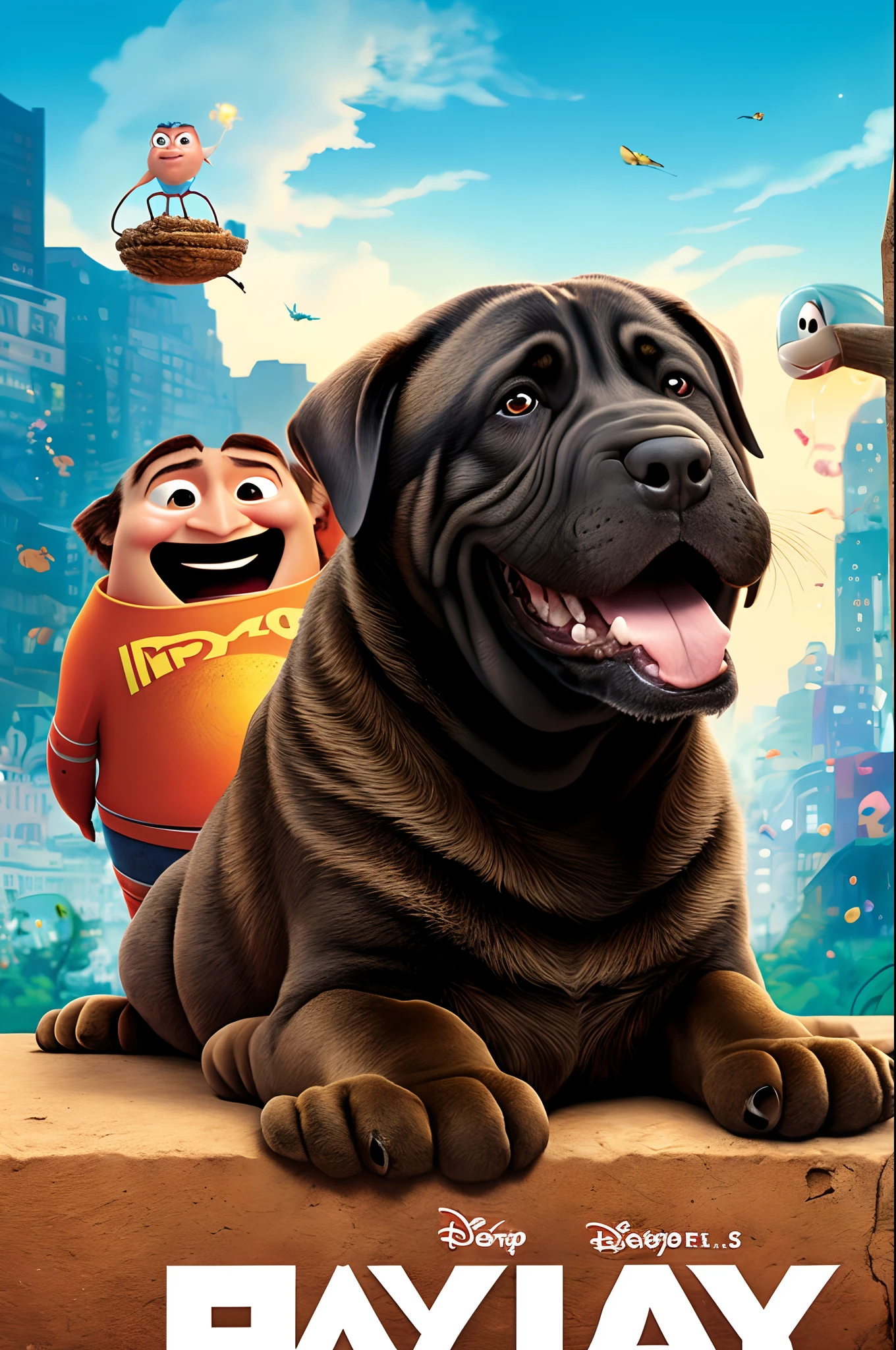 Pixar movie poster with the title "Raya" Raya is a black sharpei dog