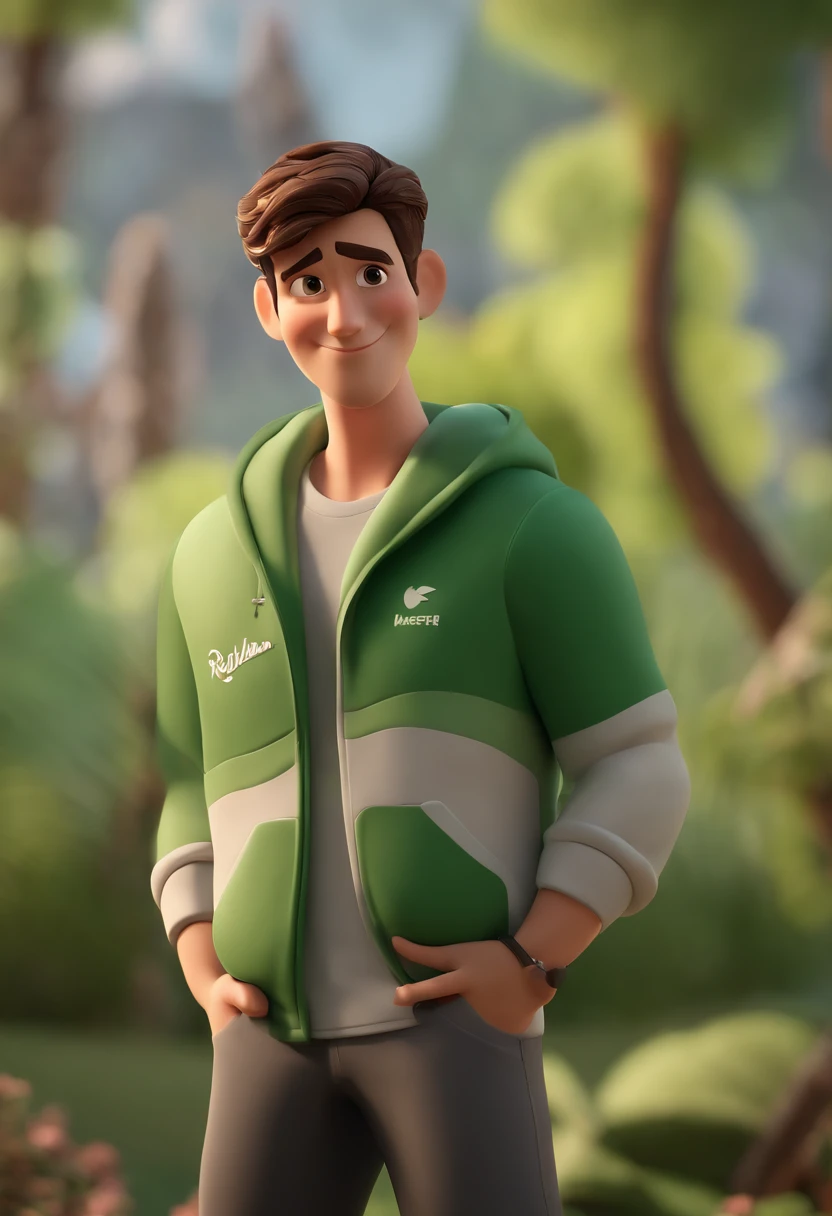Cartoon character of a man with short brown hair and gradient on the sides, brown-eyed, Dressed in a green sweatshirt and black pants and white sneakers , animation character, stylized character, Rendering animation styles, 3D estilizado, Arnold Maya render, 3D render estilizado, Toon renderizar keyshot, Personaje 3D, Personaje 3D, Renderizado 3D estilizado, Renderizado de 3 caracteres D, Personaje de dibujos animados, Personaje de primer plano, Pose del personaje, (estilo pixar) (Pieza maestra:1.2) (Bokeh) (La mejor calidad) (Piel detallada) (Textura detallada) (8k) (arcilla) (cinematic lighting) (foco nítido