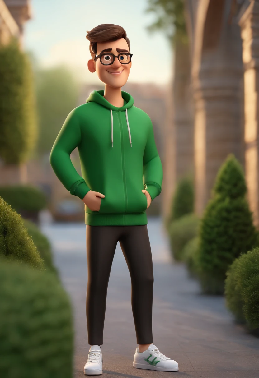 Cartoon character of a man with short brown hair and gradient on the sides, brown-eyed, Dressed in a green sweatshirt and black pants and white sneakers , animation character, stylized character, Rendering animation styles, 3D estilizado, Arnold Maya render, 3D render estilizado, Toon renderizar keyshot, Personaje 3D, Personaje 3D, Renderizado 3D estilizado, Renderizado de 3 caracteres D, Personaje de dibujos animados, Personaje de primer plano, Pose del personaje, (estilo pixar) (Pieza maestra:1.2) (Bokeh) (La mejor calidad) (Piel detallada) (Textura detallada) (8k) (arcilla) (cinematic lighting) (foco nítido