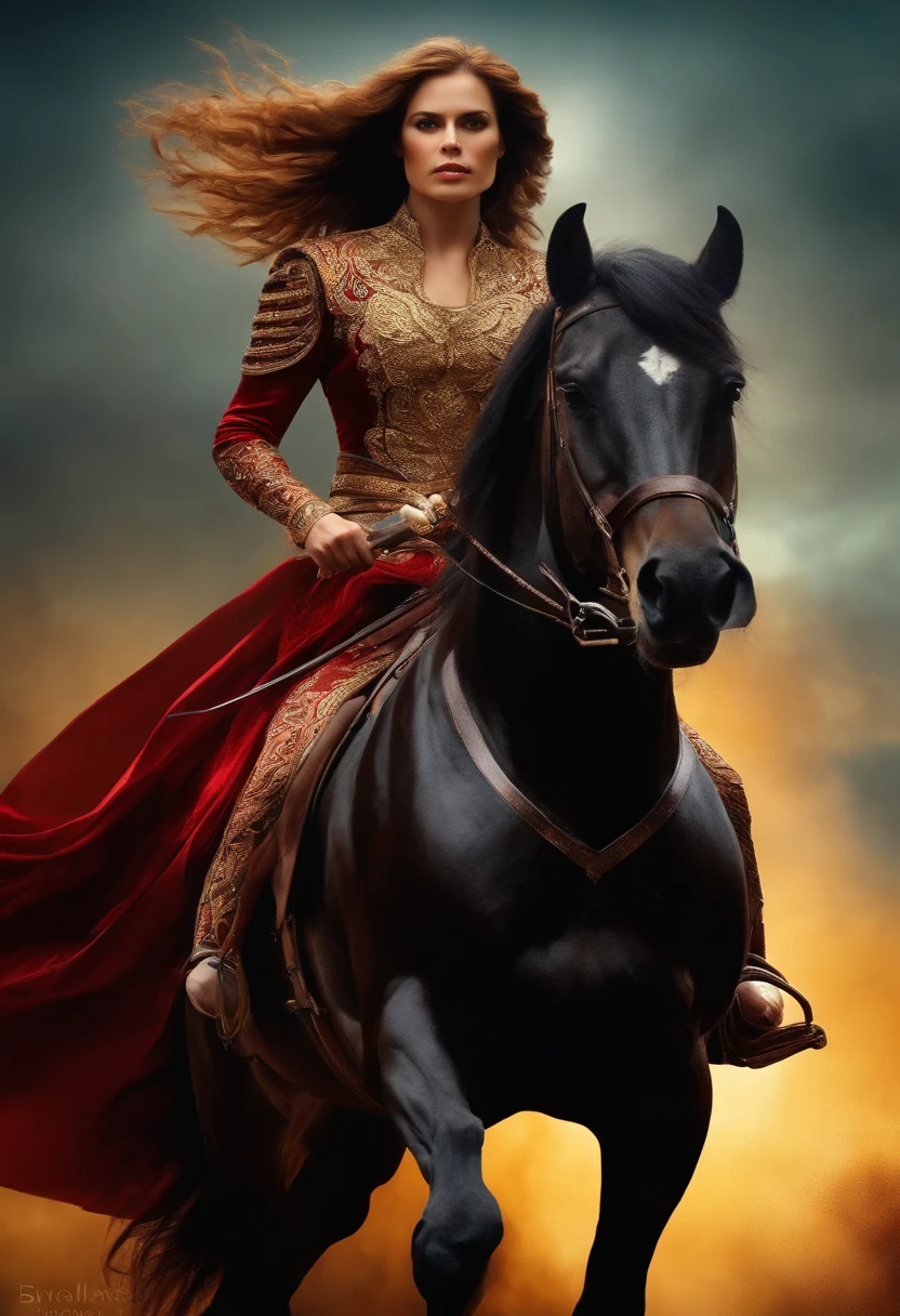 cavaleiro com uma grande espada montado em um cavalo vermelho bem realista