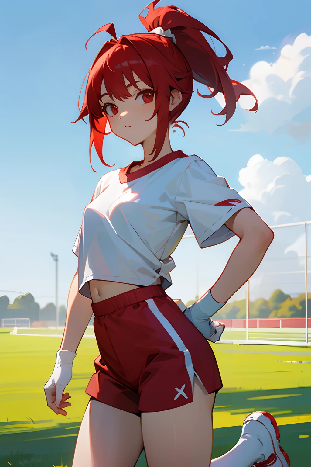 White anime girl, red ponytail hair, red eyes, white plain t-shirt, red shorts for physical education class, white shoes, white socks, neutral face, looking to the viewer, standing, grassy field, sunny day.