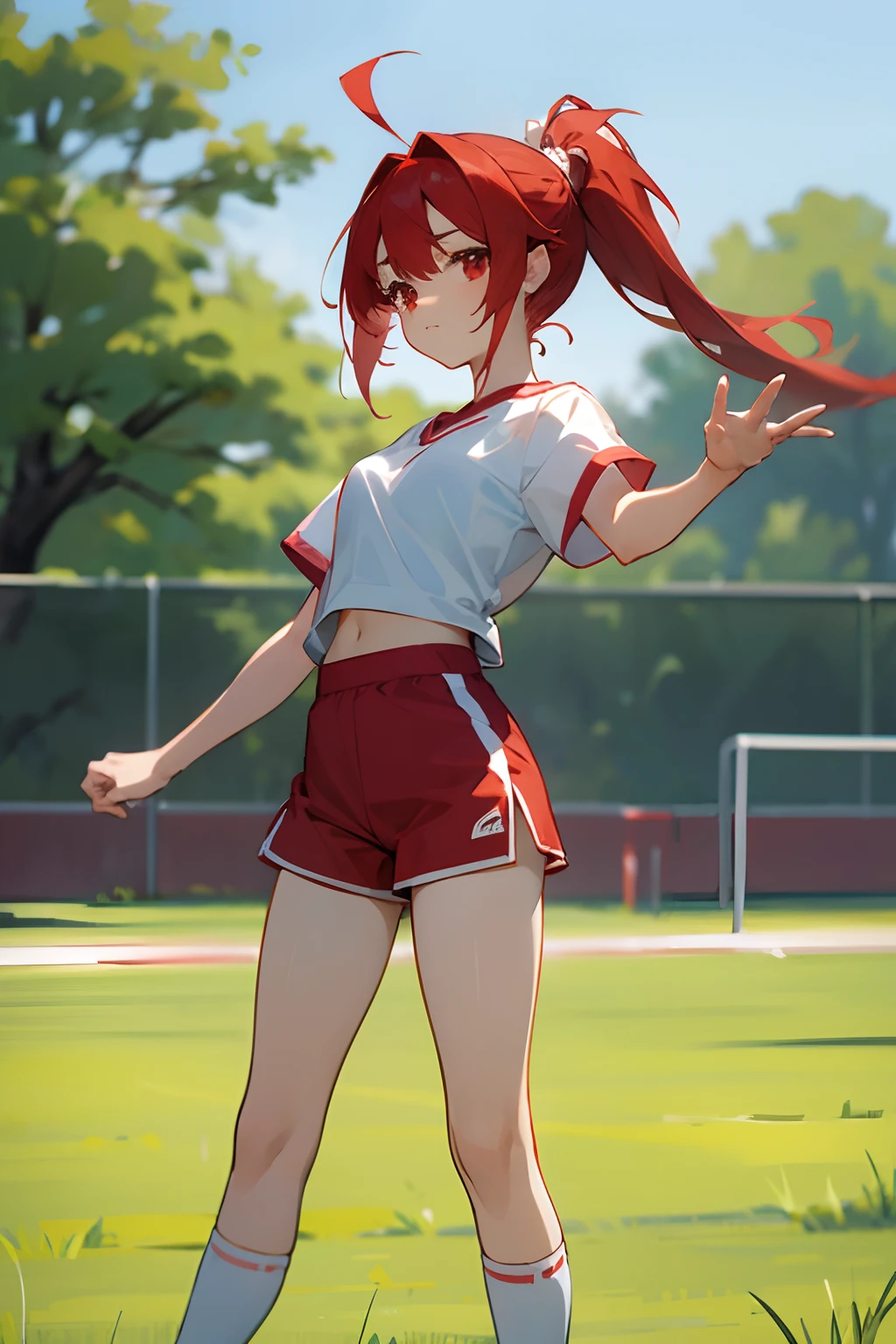 White anime girl, red ponytail hair, red eyes, white plain t-shirt, red shorts for physical education class, white shoes, white socks, neutral face, looking to the viewer, standing, grassy field, sunny day.
