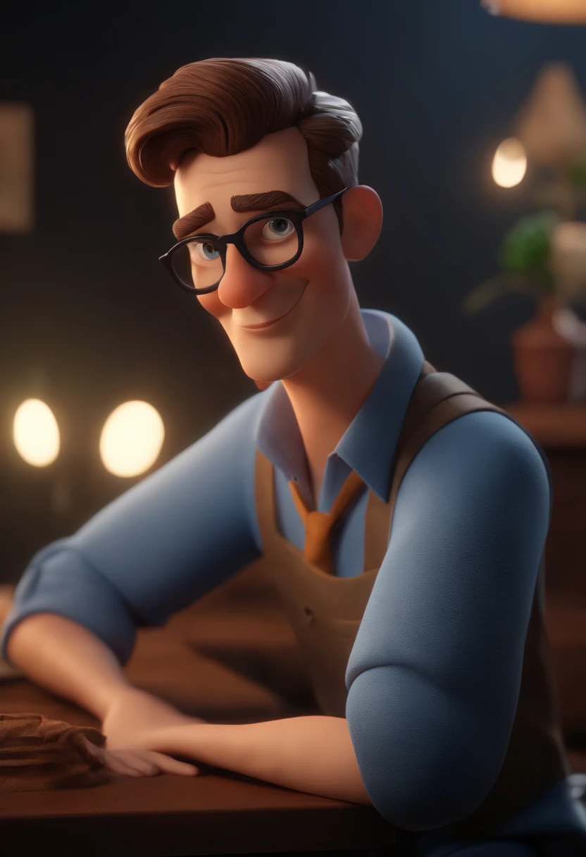 Cartoon character of a man wearing black glasses and a blue shirt, um personagem animado, Caractere estilizado, animation style rendering, 3D estilizado, Arnold Maya render, 3 d render stylized, toon render keyshot, Personagem 3D, Personagem 3D, 3d rendering stylized, 3 d character render, personagem de desenho animado, Personagem de close up, Pose de personagem, (Estilo Pixar) (master part:1.2) (Bokeh) (best quality) (pele detalhada) (textura detalhada) (8k) (argila) (Cinematic lighting) (foco nítido，Senta e vaza a parte superior do corpo